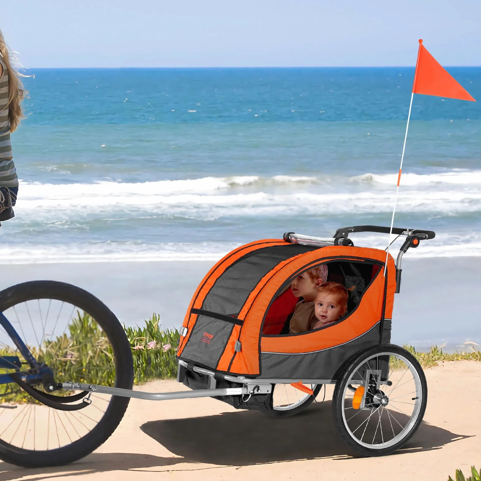 VEVOR Remorque vélo enfants double siège 40 kg 2en1 poussette pliable attelage universel Orange Gris