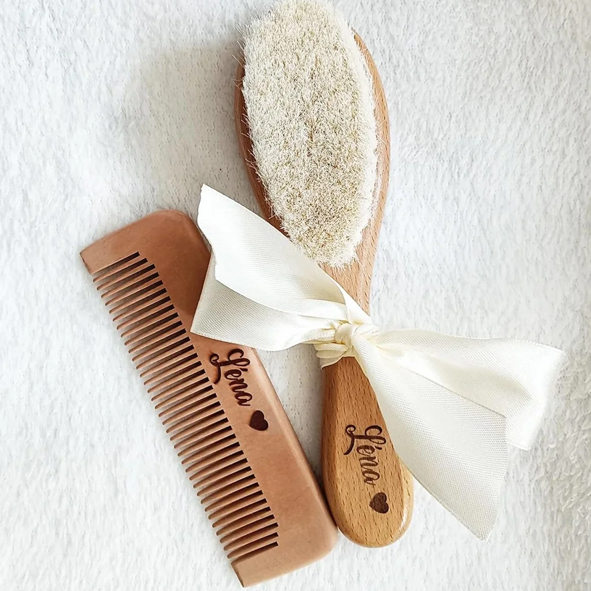 Brosse À Cheveux Bébé Personnalisée En Laine, Peigne En Bois Portable, Brosse De Bain Pour Nouveau-né