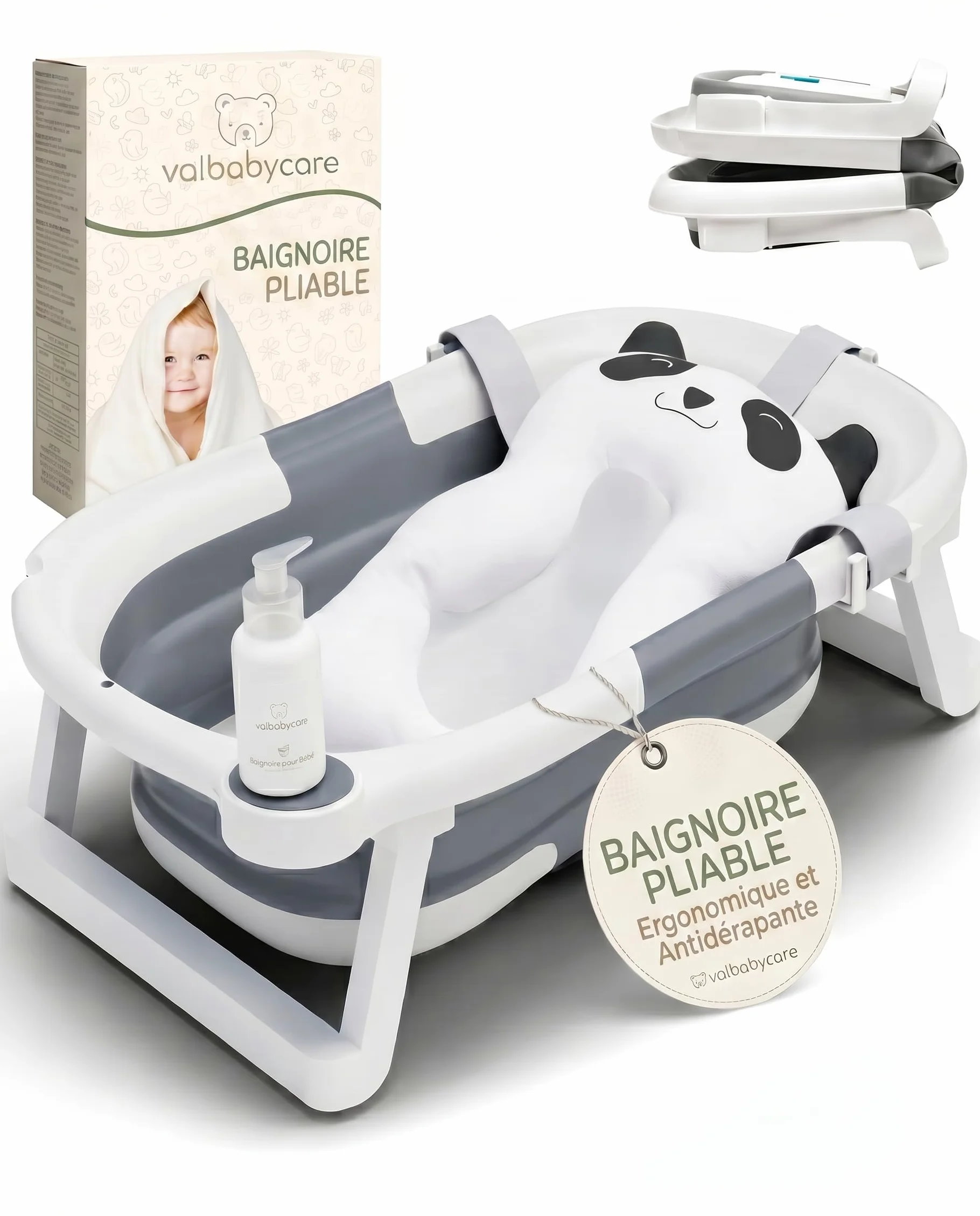 VALBABY Baignoire Pliable Bébé Portable avec Coussin Antidérapant Design Panda Grand et Rembourré Bain Baby Bath Tub