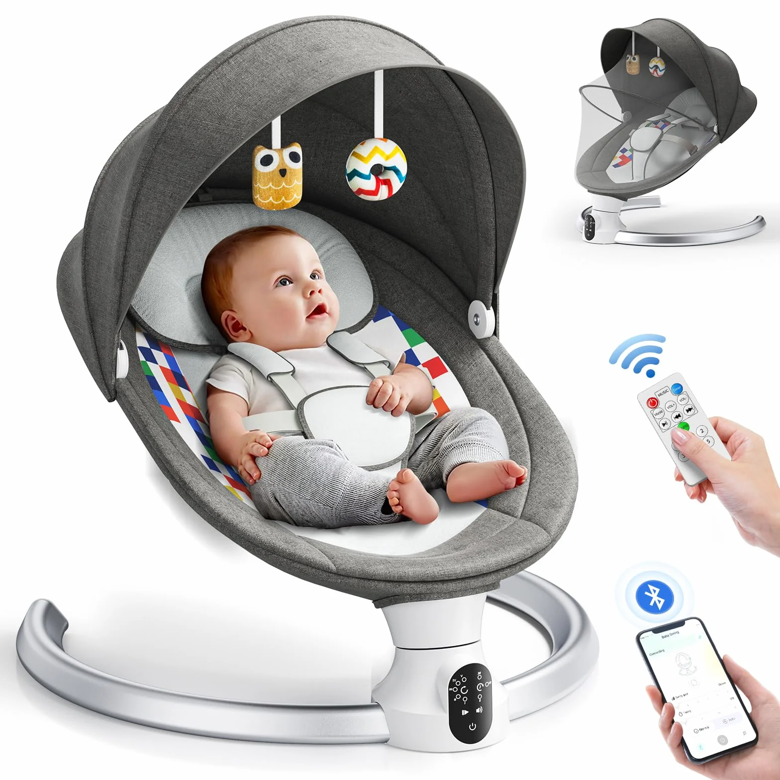 Balancelle Bébé Électrique Transat avec APP et Télécommande, Harnais 5 Points, 3 Minuteries, 5 Vitesses, 10 Mélodies, 0-9 Mois