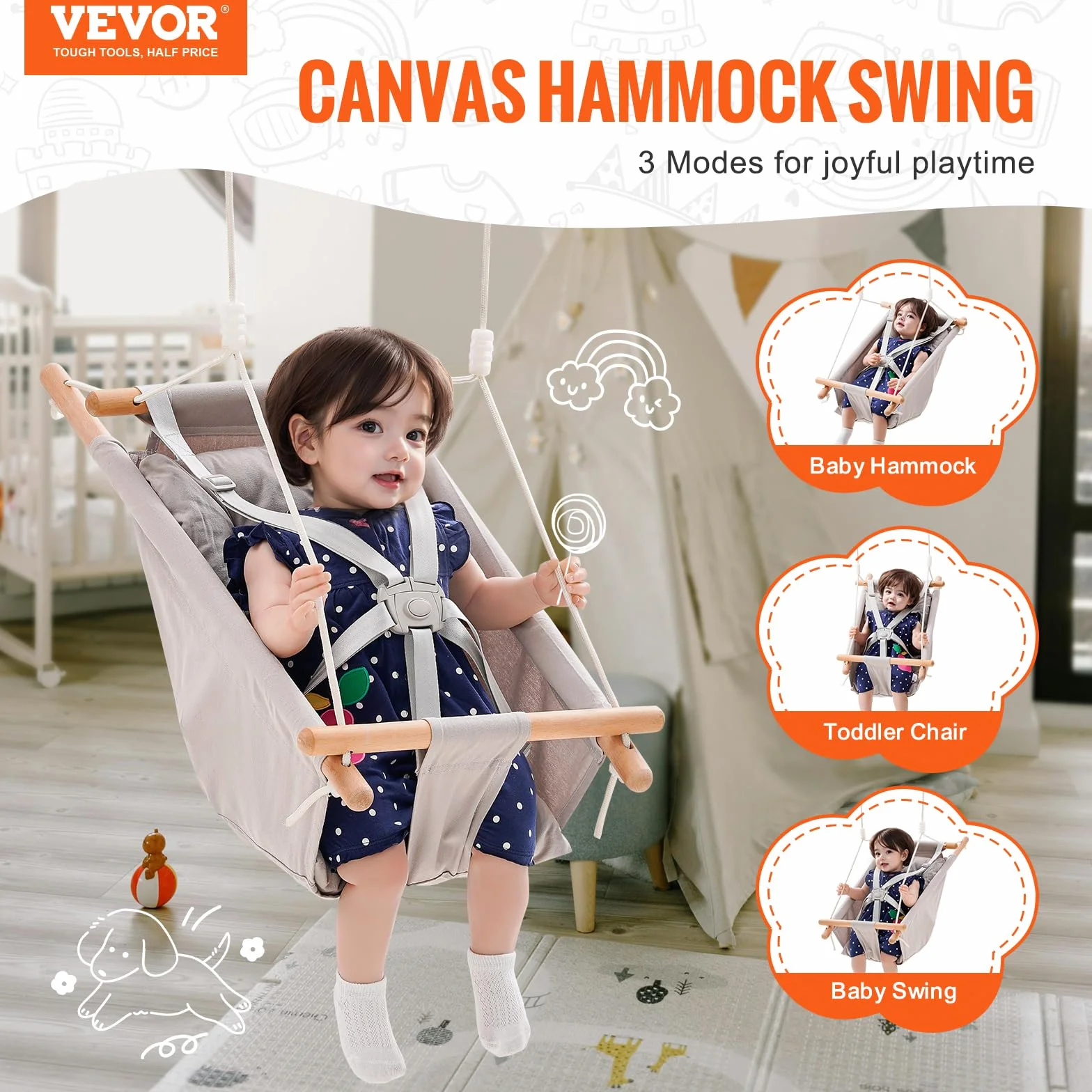 VEVOR Balançoire Hamac Bébé 3 Modes, 68 kg, Harnais 5 Points, Intérieur Extérieur