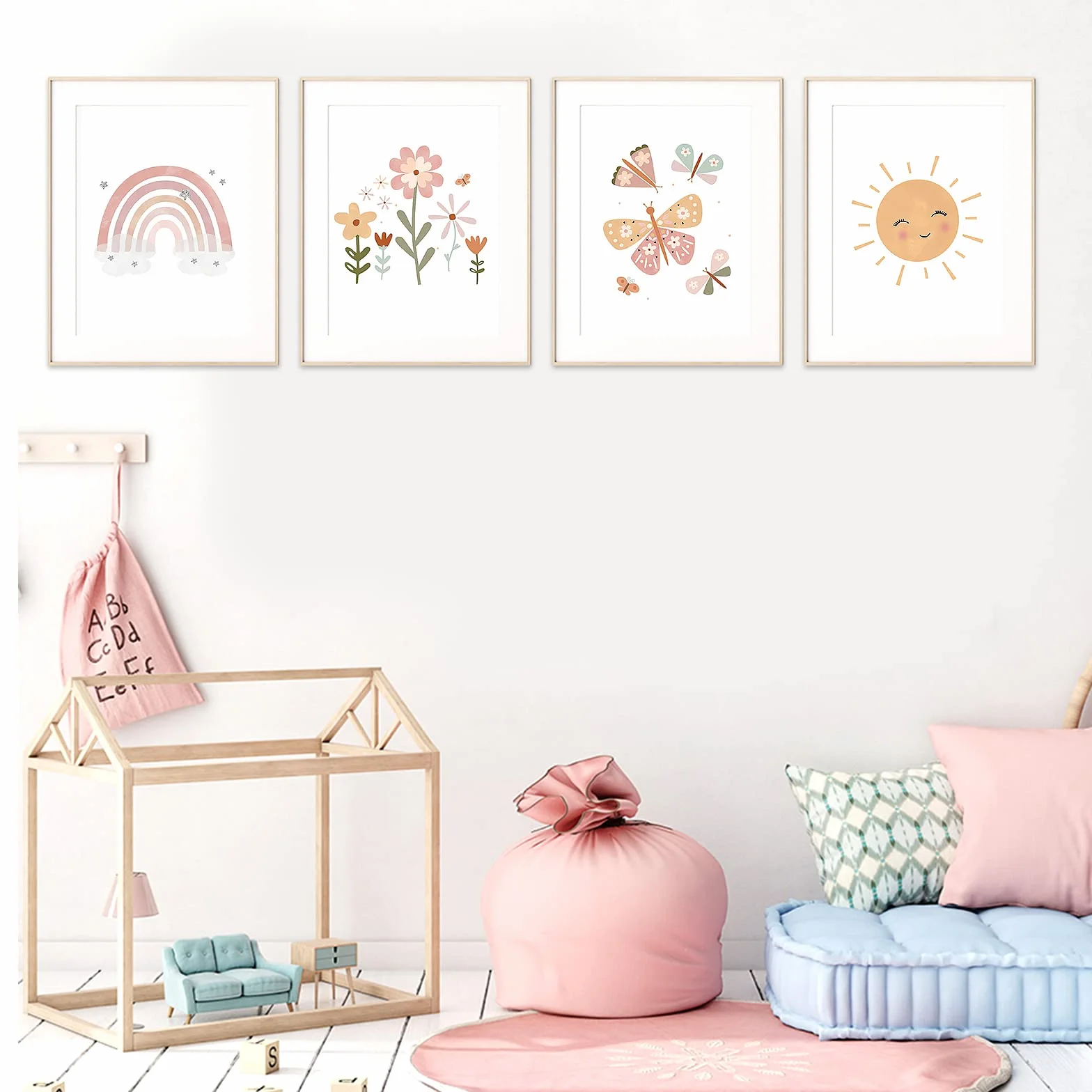 Vegena Lot de 4 tableaux Décoration murale chambre enfant Arc-en-ciel soleil nuage fleurs papillons DIN A4 Bohème