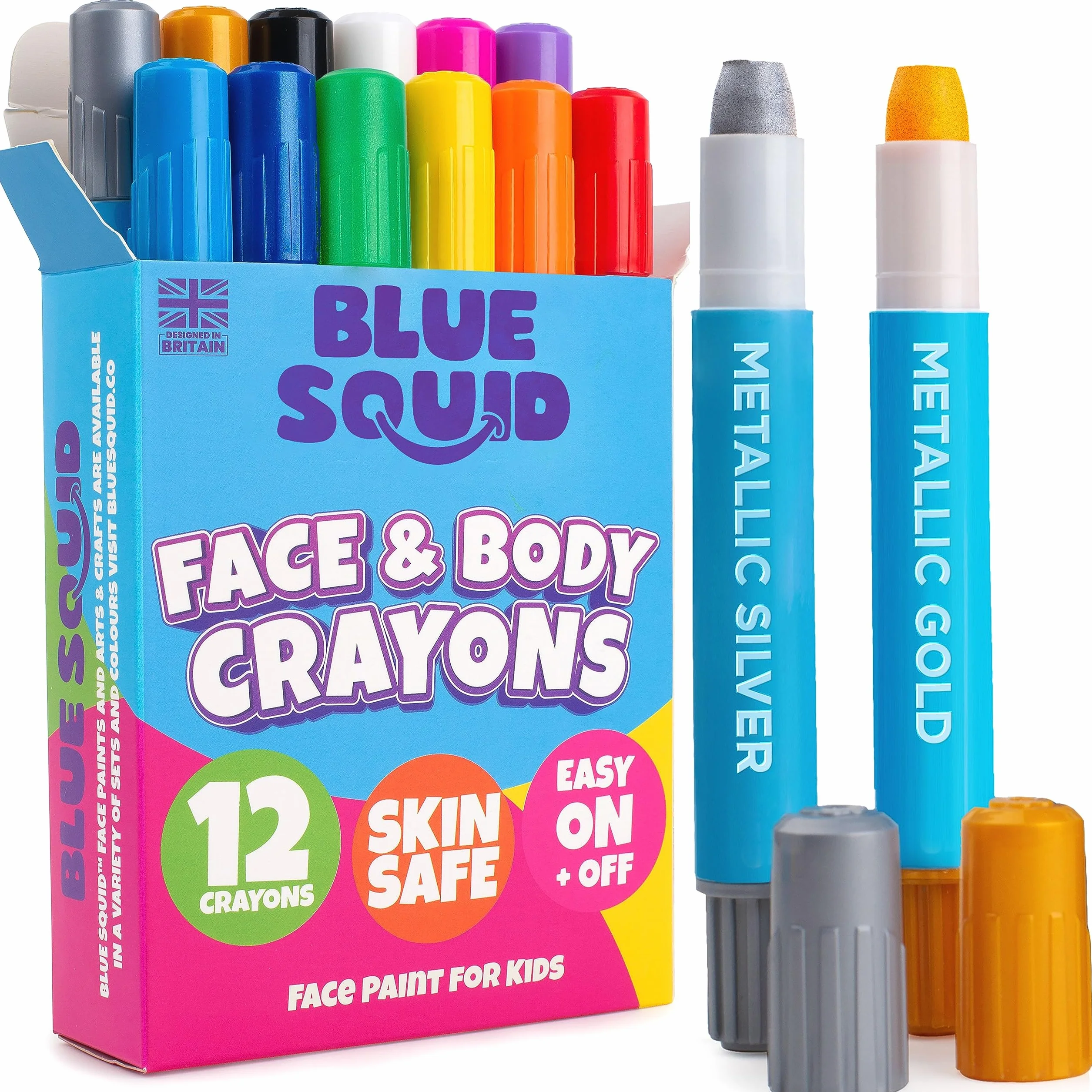 Blue Squid Crayons de Peinture Visage pour Enfants - Kit 12 Couleurs Vives, Mines Extensibles, Sûr Peau Sensible