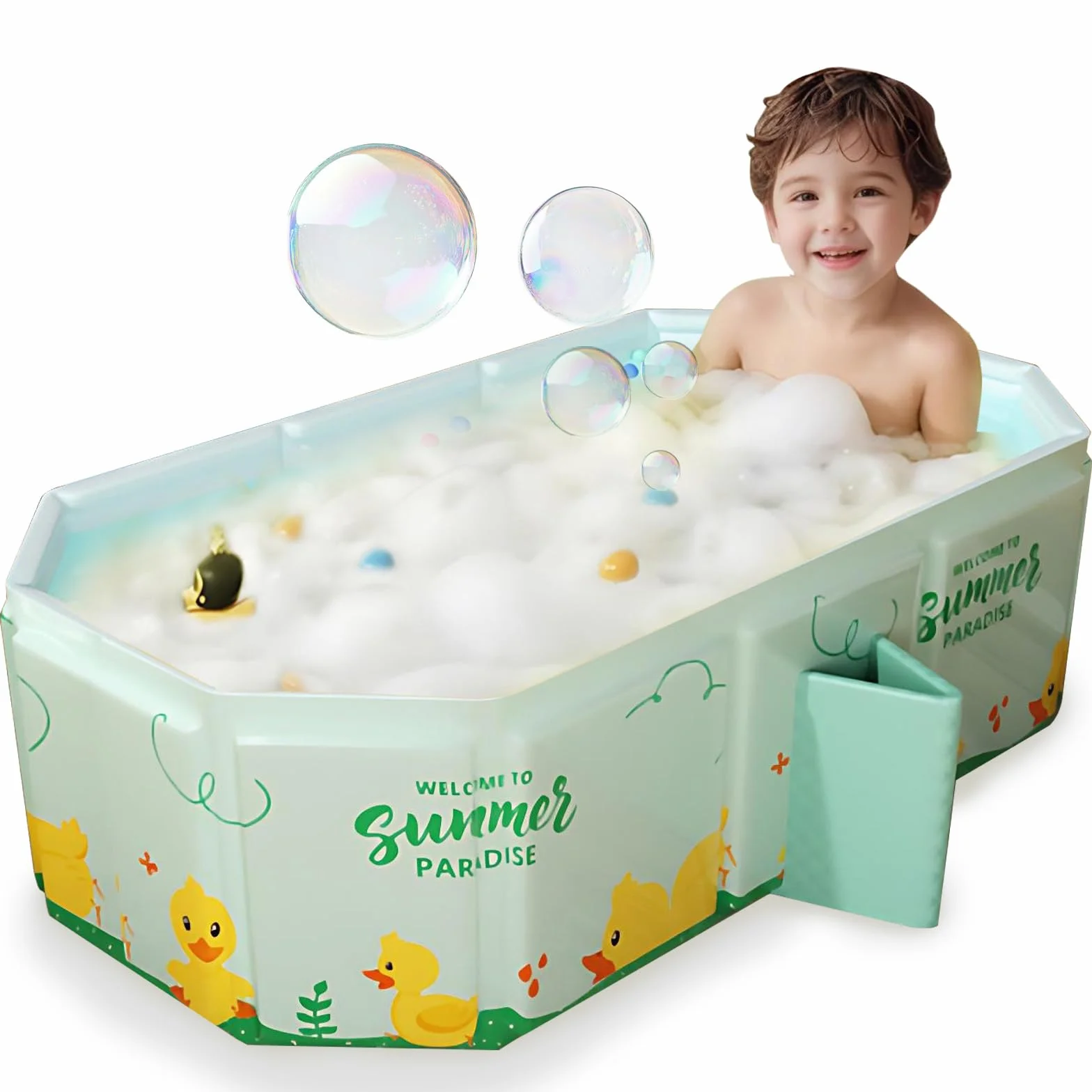 Baignoire Bébé Pliable Grande avec 5 Balles et 4 Canards Bouchon de Vidange Enfant 0-8 Ans Vert