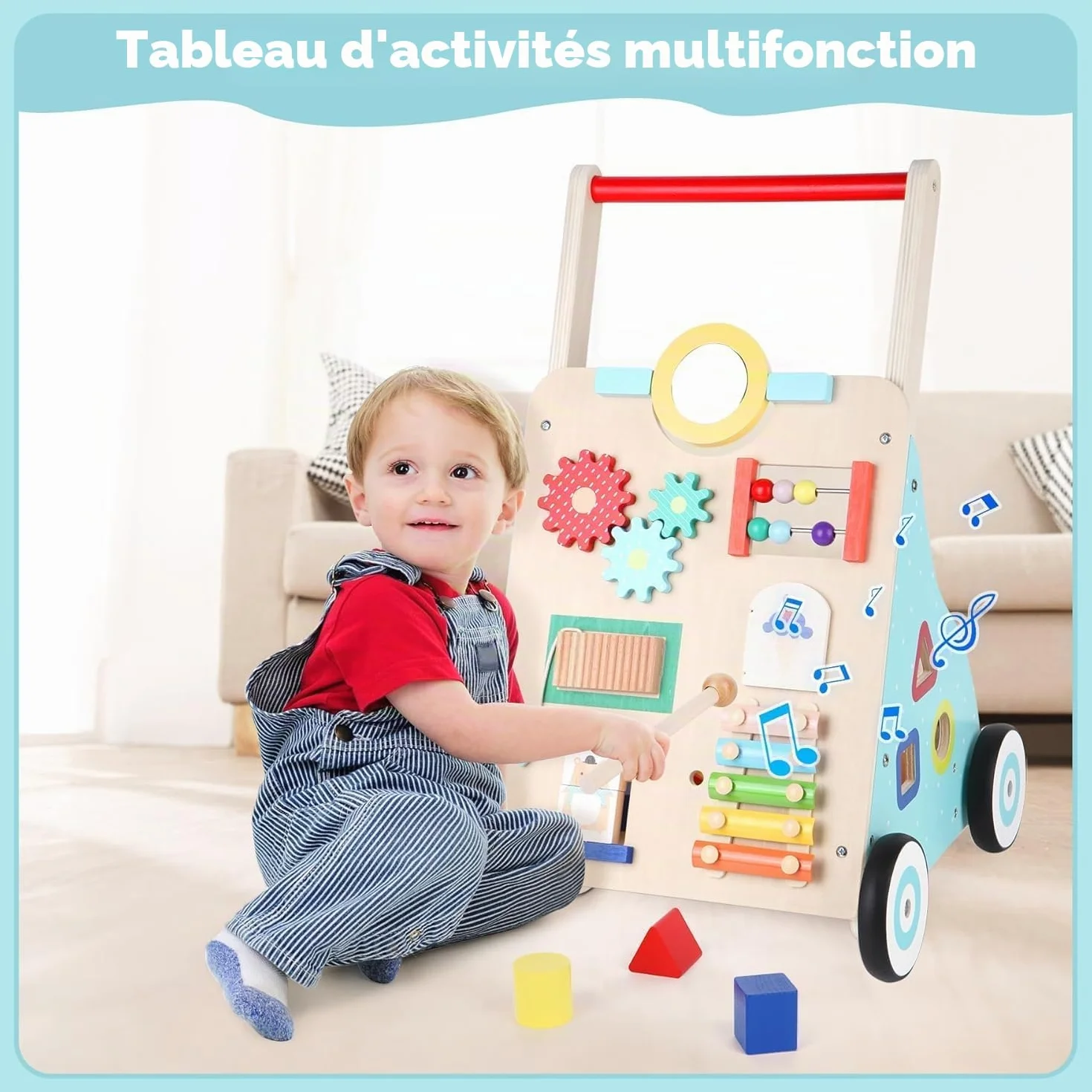 Chariot de Marche en Bois Bébé Trotteur pour Enfant Activité Cadeau Développement Garçons Filles 1-3 ans Multicolore