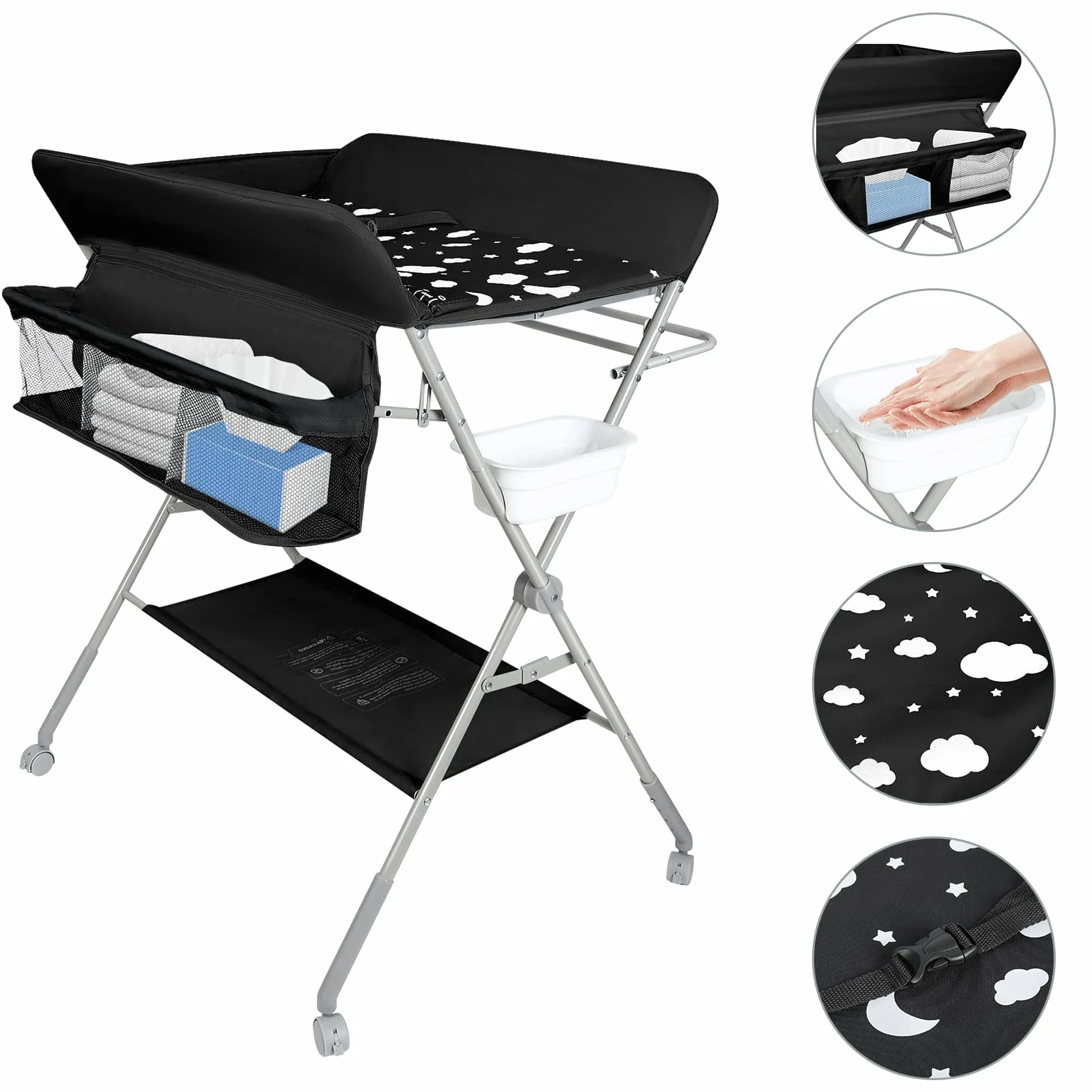 Table à langer pliable avec matelas, roulettes et harnais de sécurité, réglable en hauteur