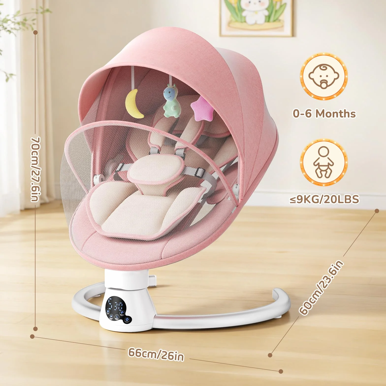 Balançoire Électrique pour Bébé Transat avec Dossier Réglable 2 Niveaux, Bluetooth, 12 Sons, Télécommande, 2 Alimentations (Rosa)
