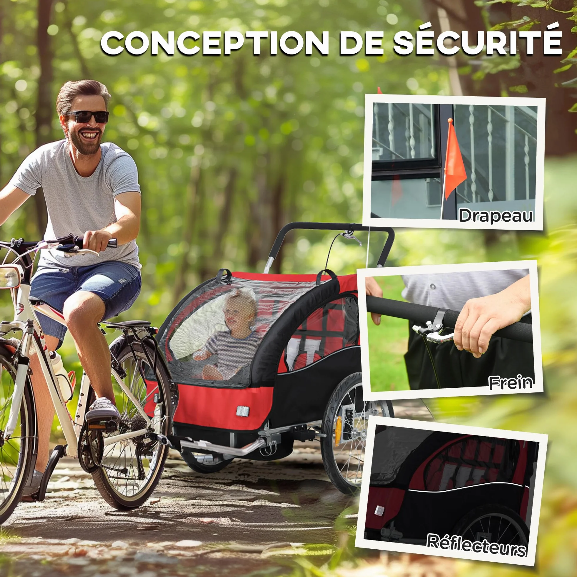 HOMCOM Remorque Velo Enfant 2 en 1 Poussette vélo bébé 2 Places, Ceinture Sécurité 5 Points, Charge 40 Kg