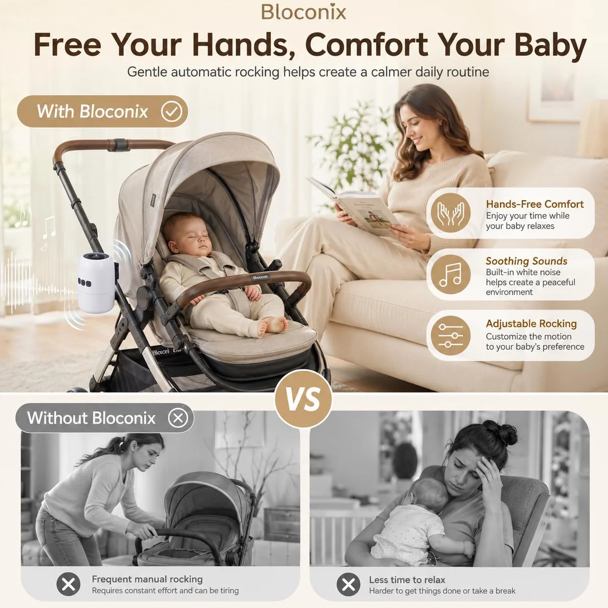 Baby Rocker Rechargeable avec 5 Niveaux d’Oscillation et Bruit Blanc - Réglable, Ultra-Silencieux, USB-C, 2 Supports Universels pour Toutes les Poussettes (Blanc)