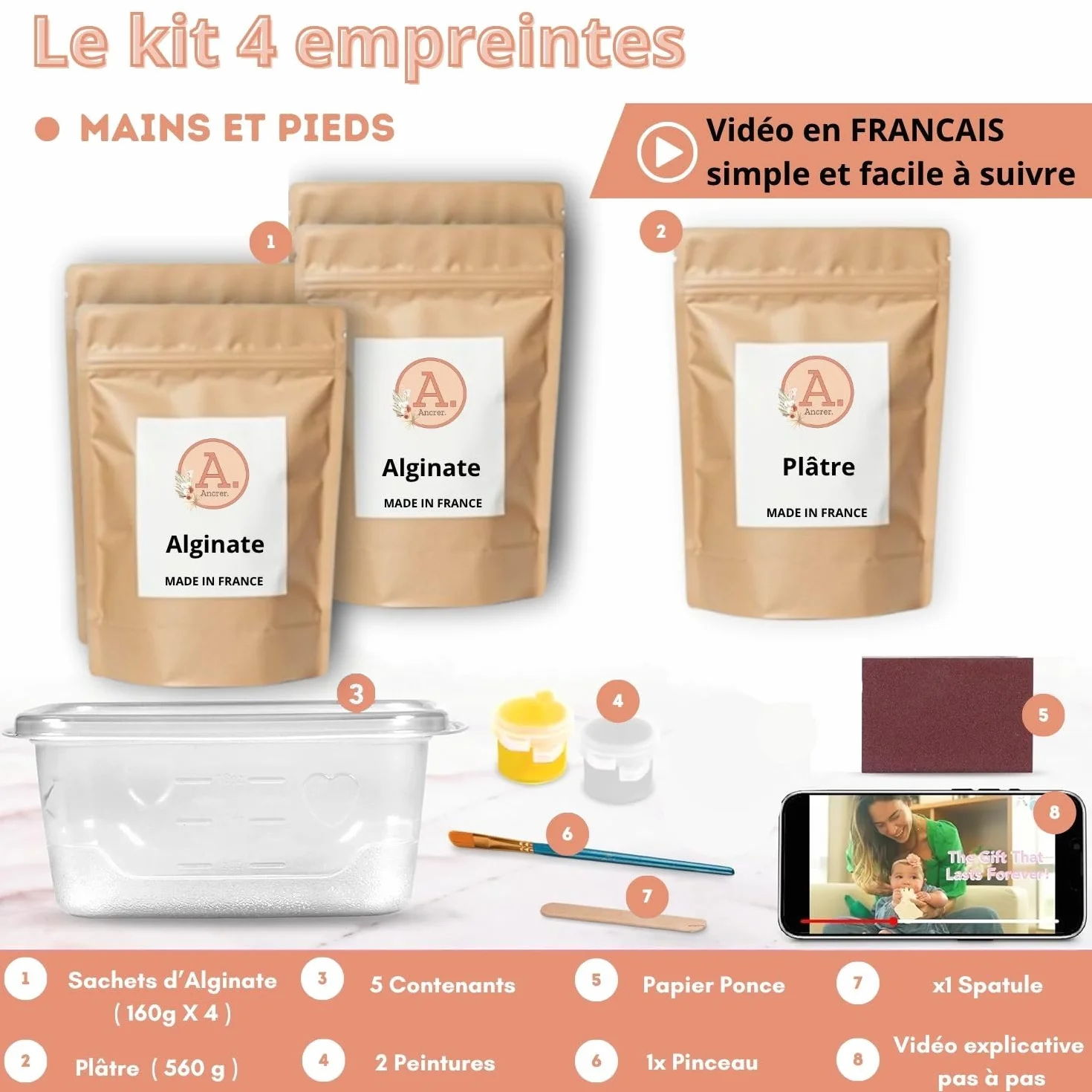 Kit de Moulage Bébé ANCRER® 4 Empreintes Mains Pieds Fille Garçon Contenants Réutilisables Cadeau Naissance