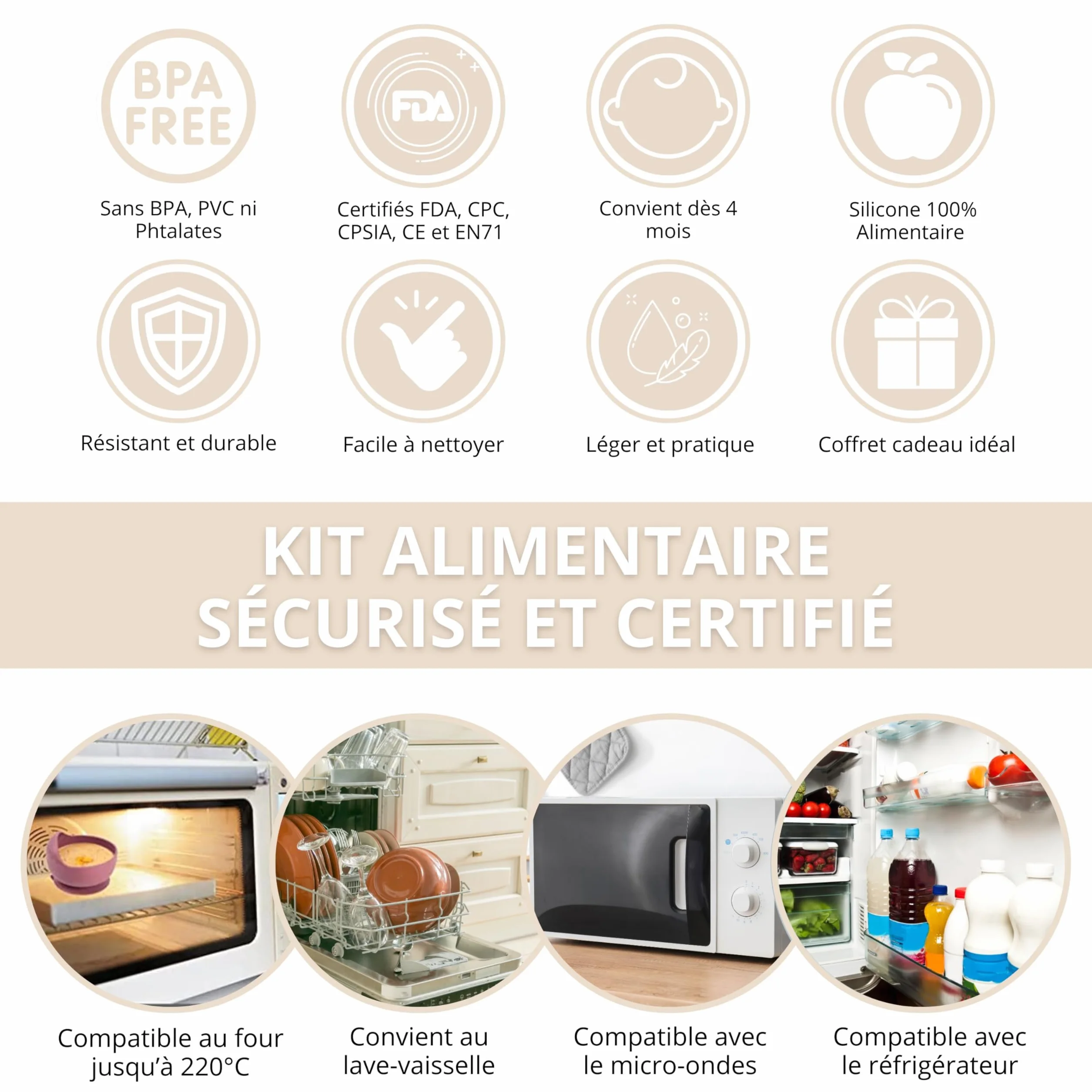 TudoBem Coffret Repas Bebe Accessoire 8 Pièces Set Vaisselle Bebe 1er age Assiette Bebe Bol Ventouse Bébé Cadeau Bebe Garcon Vaisselle Enfant Complete Beige