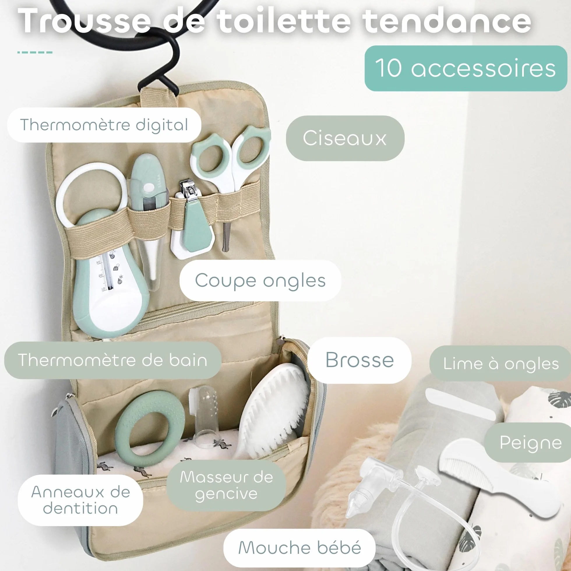 BÉABA Trousse de Toilette Bébé Nomade 10 Accessoires Soins Crochet Rotatif Compact Double Zip Vert Sauge