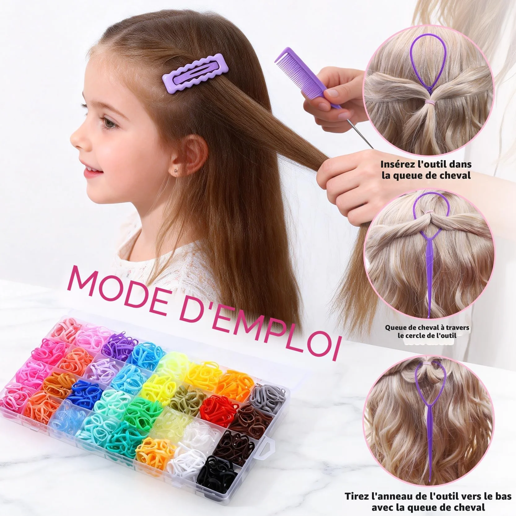 Mini élastiques pour cheveux 32 couleurs – Set coiffage 2000 pièces avec coupeur