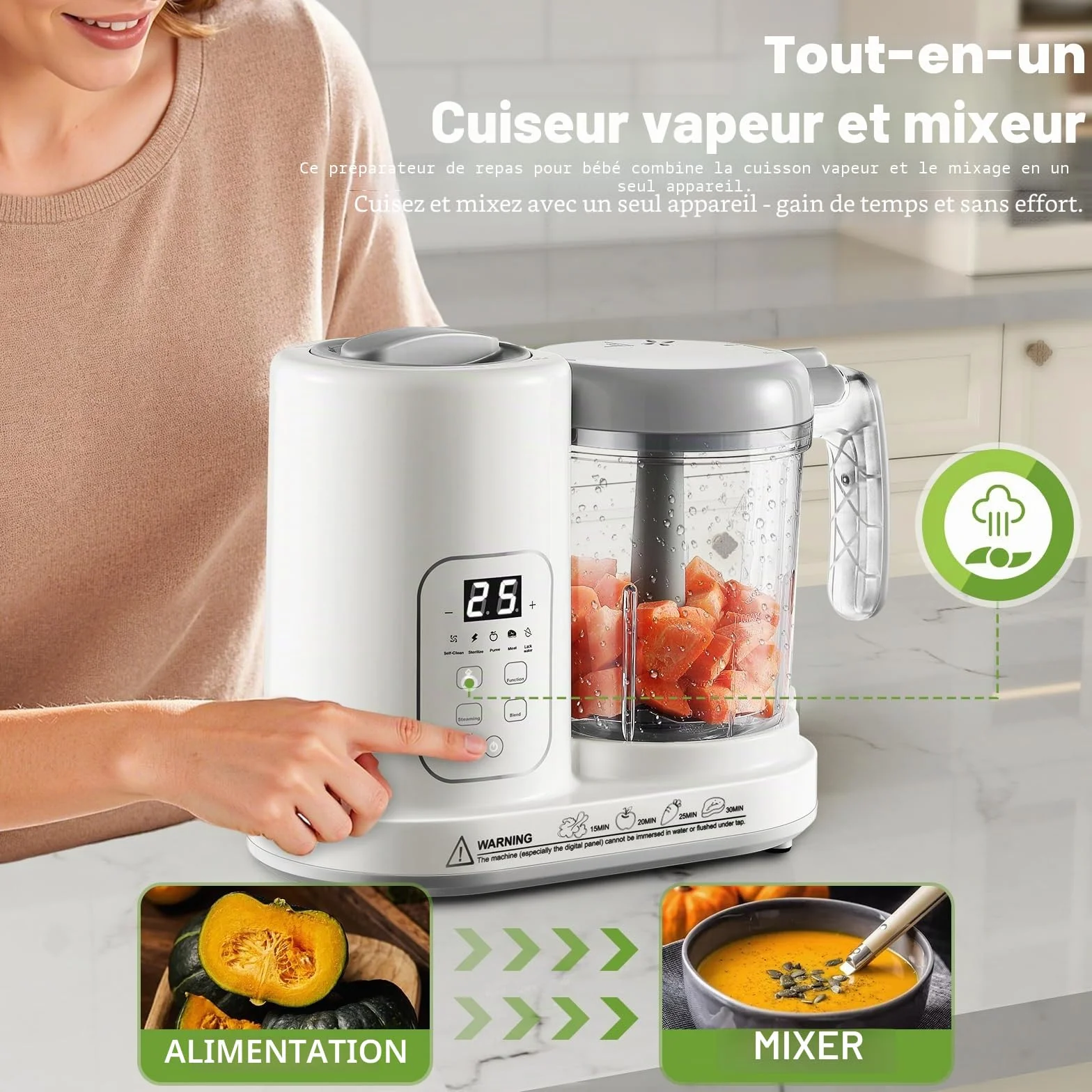 Robot Cuiseur Mixeur pour Bébé, Cuiseur Vapeur Multifonction avec Autonettoyant, Sans BPA