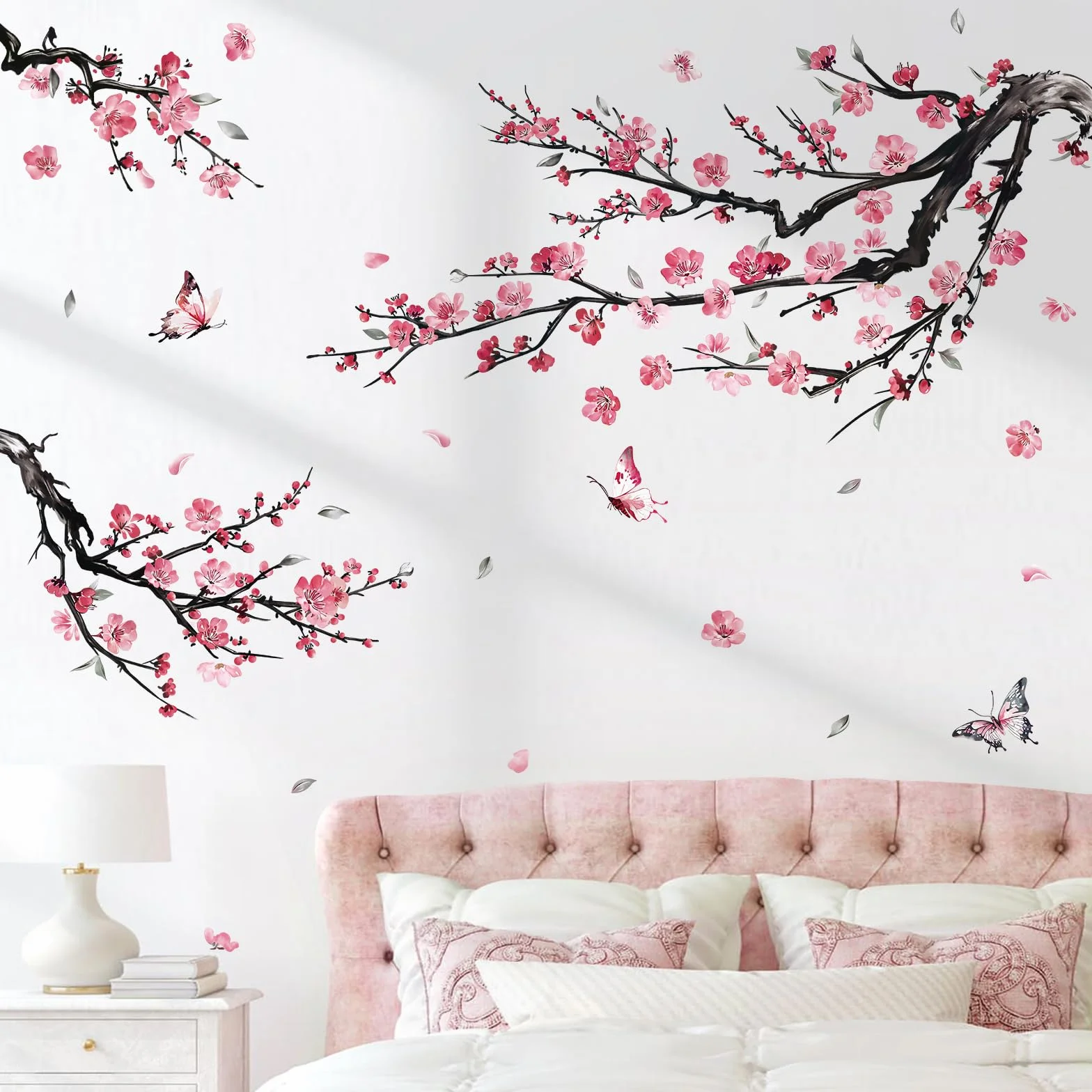 Decalmile Stickers Muraux Branche de Fleurs Rose Autocollant Mural Décoration Murale Chambre Enfants Salon