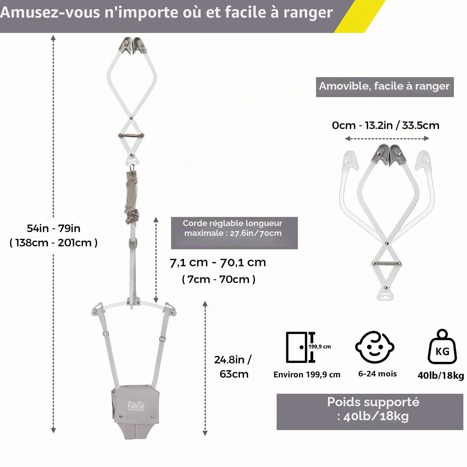 FUNLIO Transat de porte bébé 6-24 mois avec pince, ressort solide, sangle réglable, 18 kg, CE CPC - Gris
