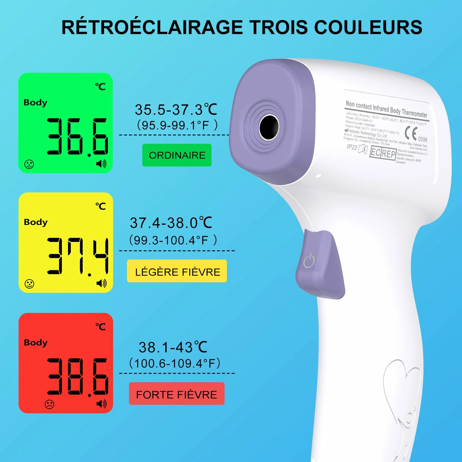 Thermomètre Frontal Infrarouge sans Contact Adulte Enfant, Écran LCD, Fonction Mémoire, Alerte Fièvre