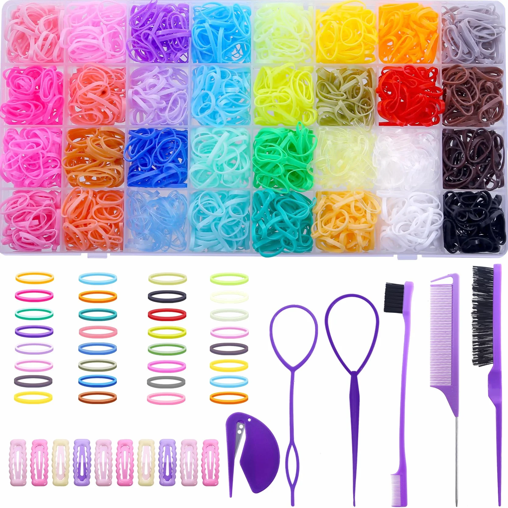 Mini élastiques pour cheveux 32 couleurs – Set coiffage 2000 pièces avec coupeur