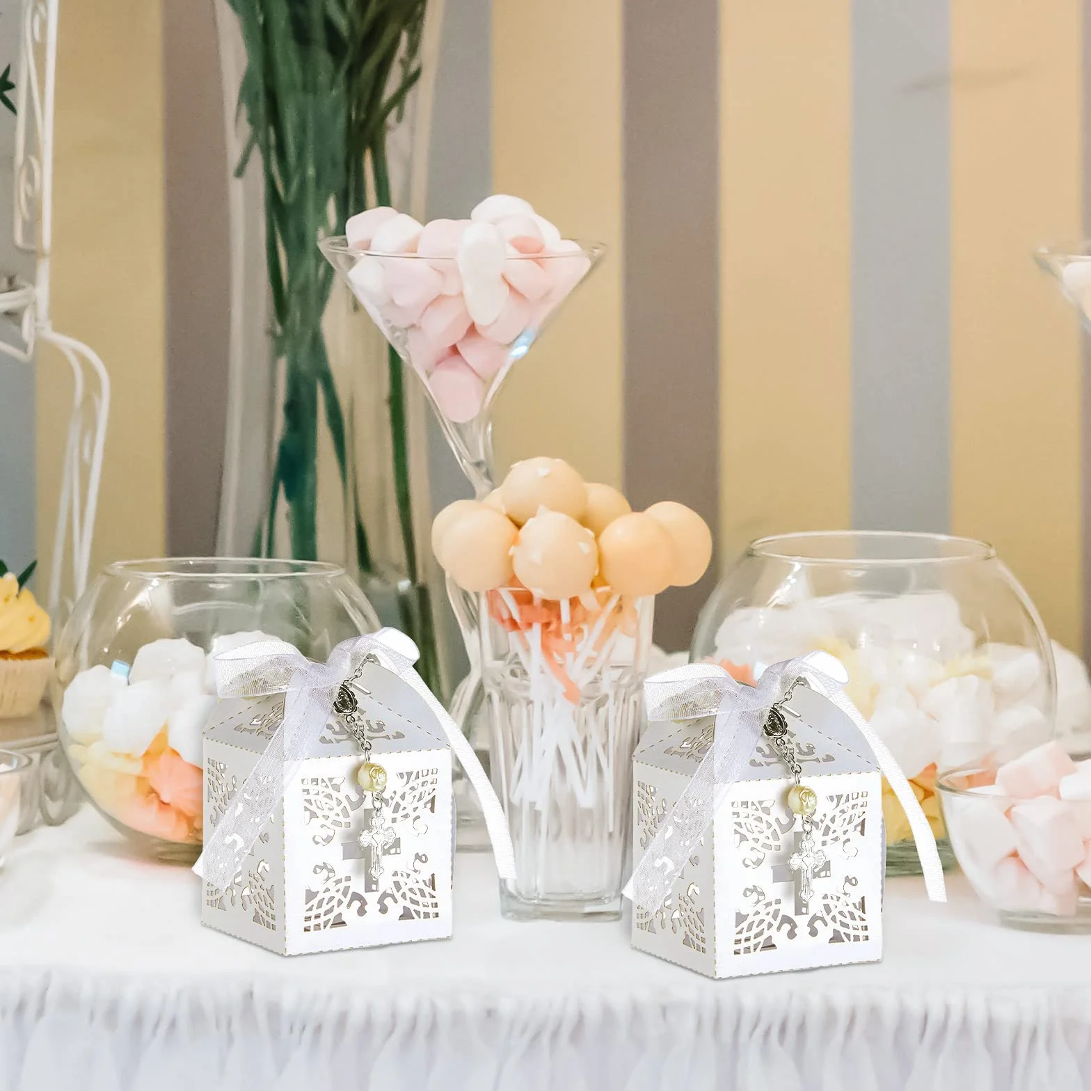 50 Paquets 150 Pièces Cadeau Bapteme Communion Mariage 50 Mini Chapelet Catholique Sacs Organza Boîte Dragées