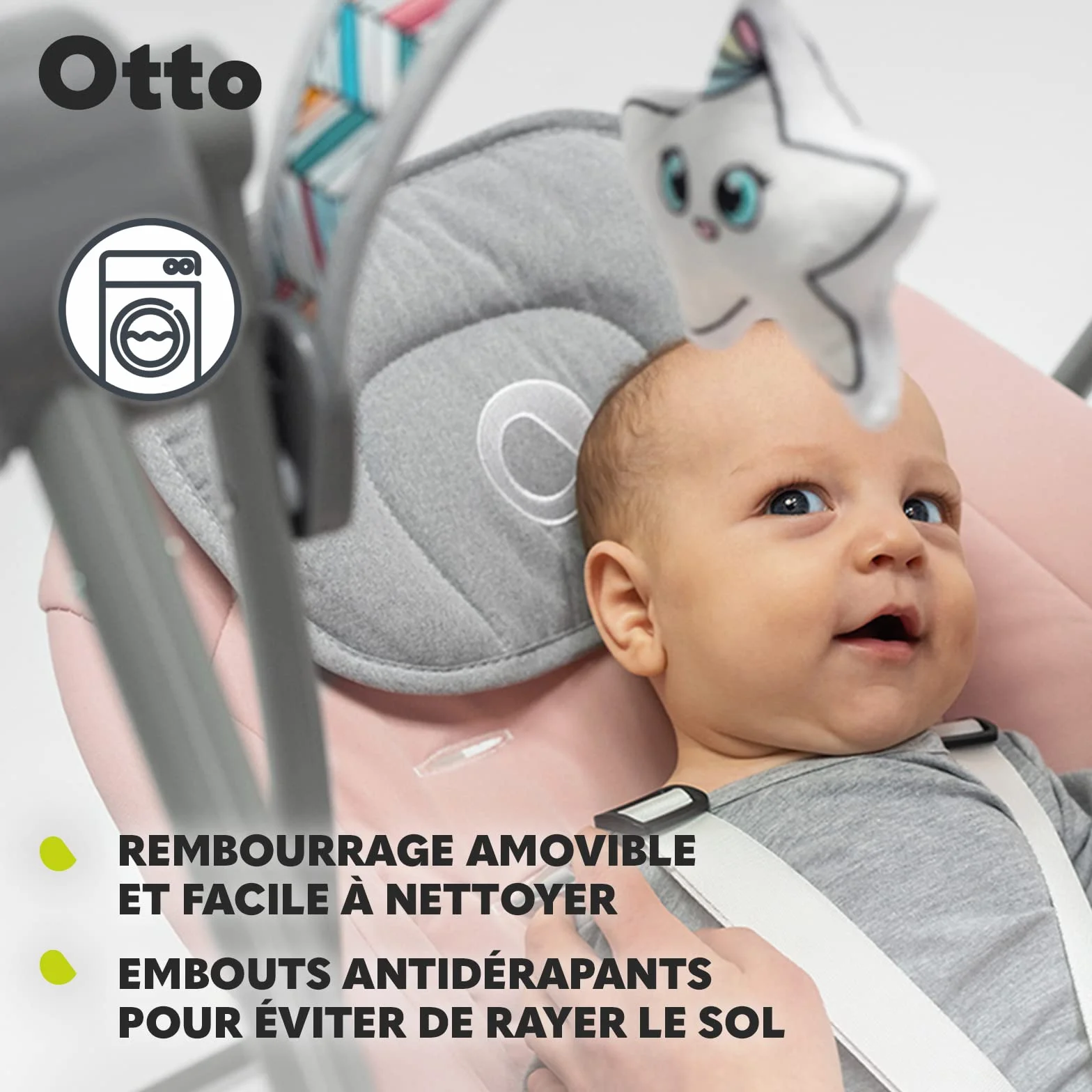 LIONELO Otto Transat Bebe Balancelle jusqu'à 9 kg, Jouets Interactifs, Sons de la Nature, 5 Vitesses de Bercement