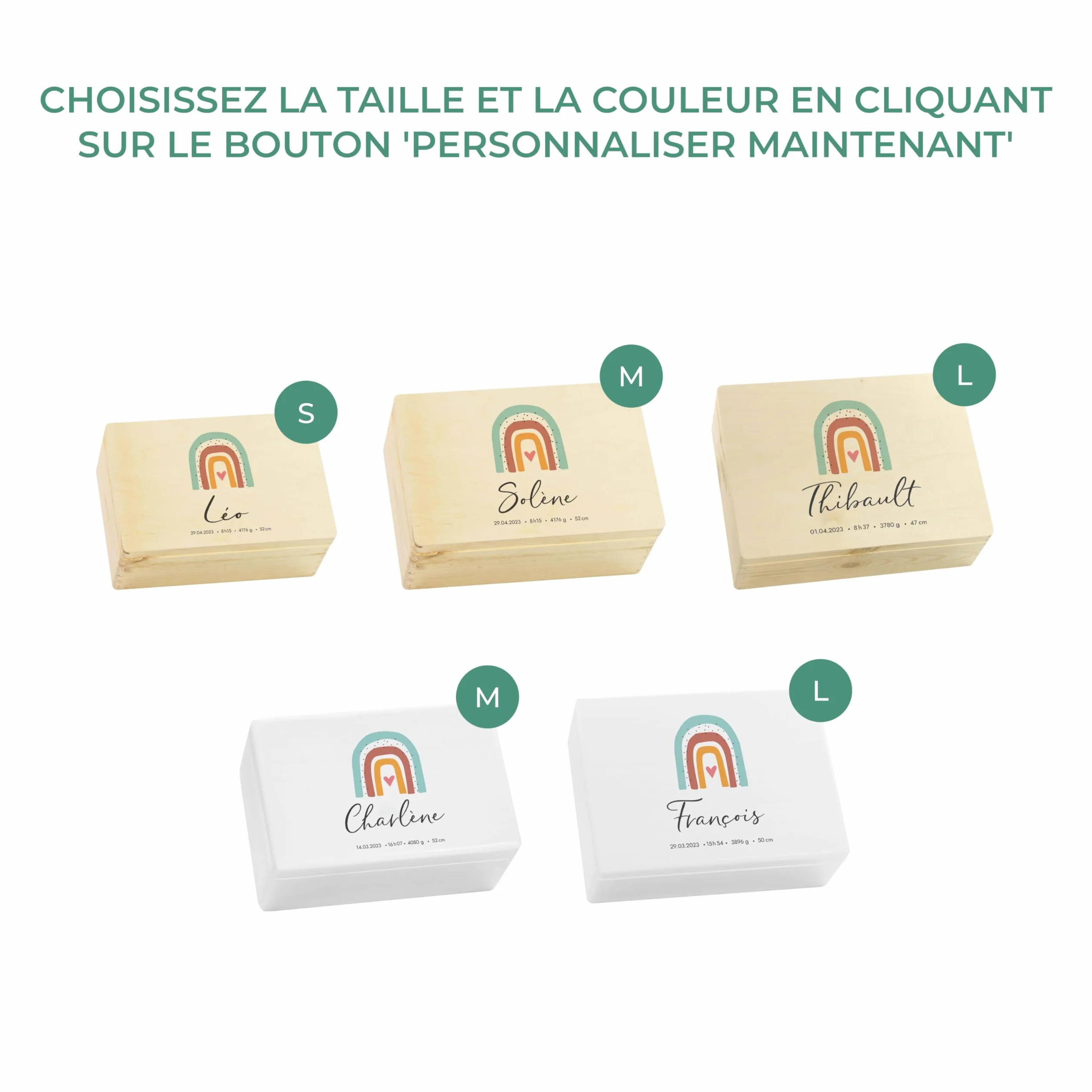 LAUBLUST Boîte à souvenirs bébé personnalisée - Cadeau de naissance avec prénom - Arc-en-Ciel, tailles S, M, L - Boîte en bois naturel ou blanc FSC