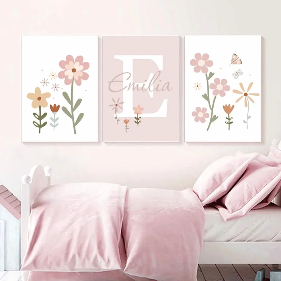 Affiche Prénom Personnalisé Bébé 30x40cm Tableau Décoration Murale Chambre Fille Rose Fleurs Poster Toile Cadeau