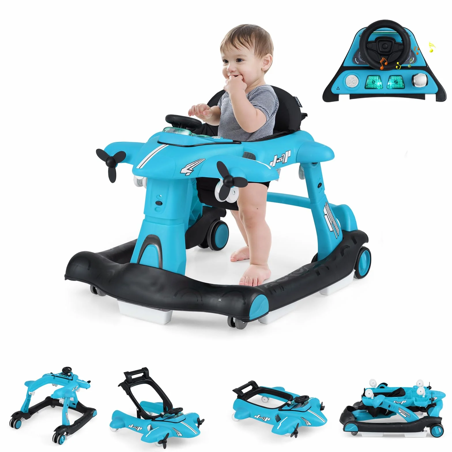 GOPLUS Trotteur Bébé Pliable 6 en 1, 3 Hauteurs Réglables, Roue Silencieuse, Charge 12KG pour 6-18 Mois