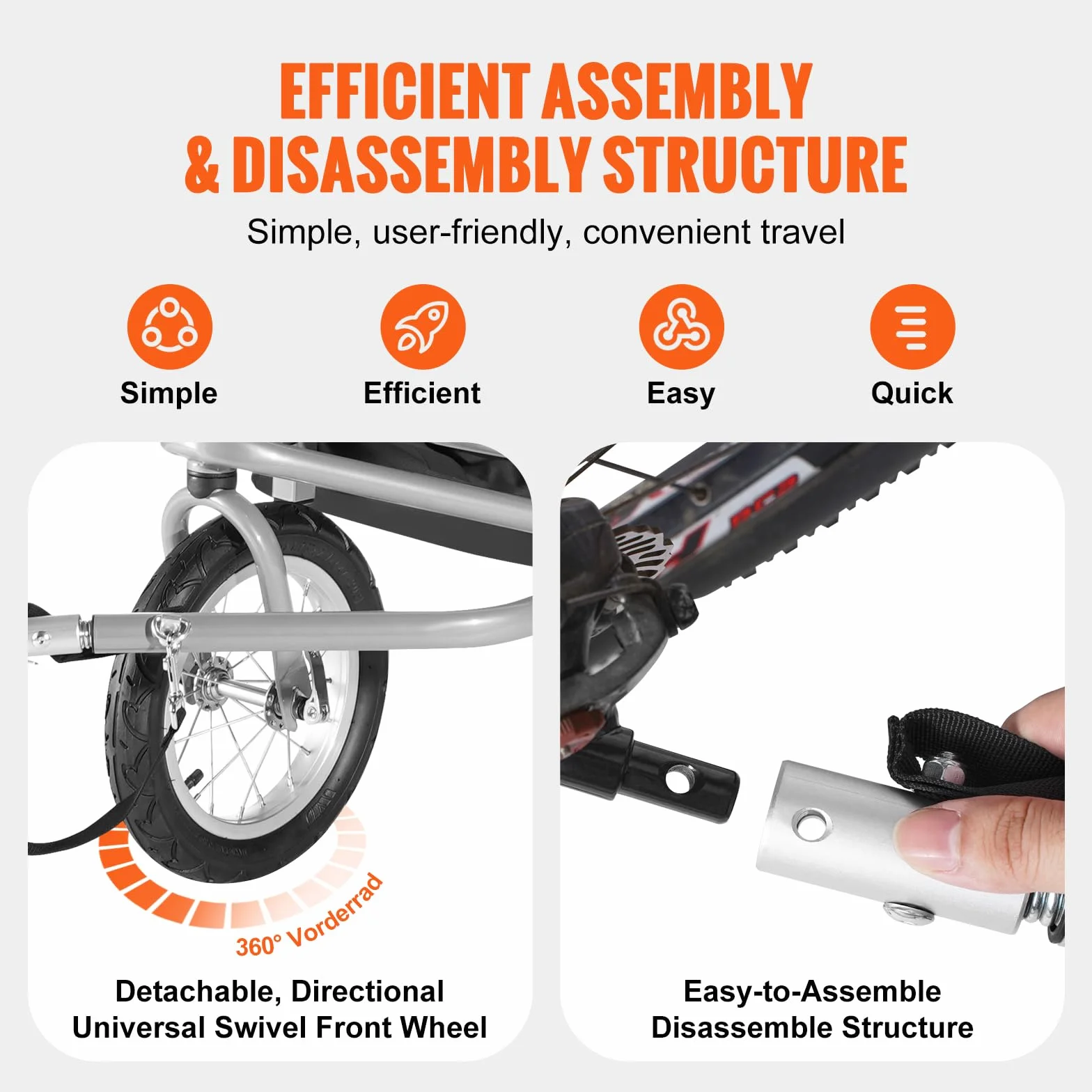 VEVOR Remorque vélo enfants double siège 40 kg 2en1 poussette pliable attelage universel Orange Gris