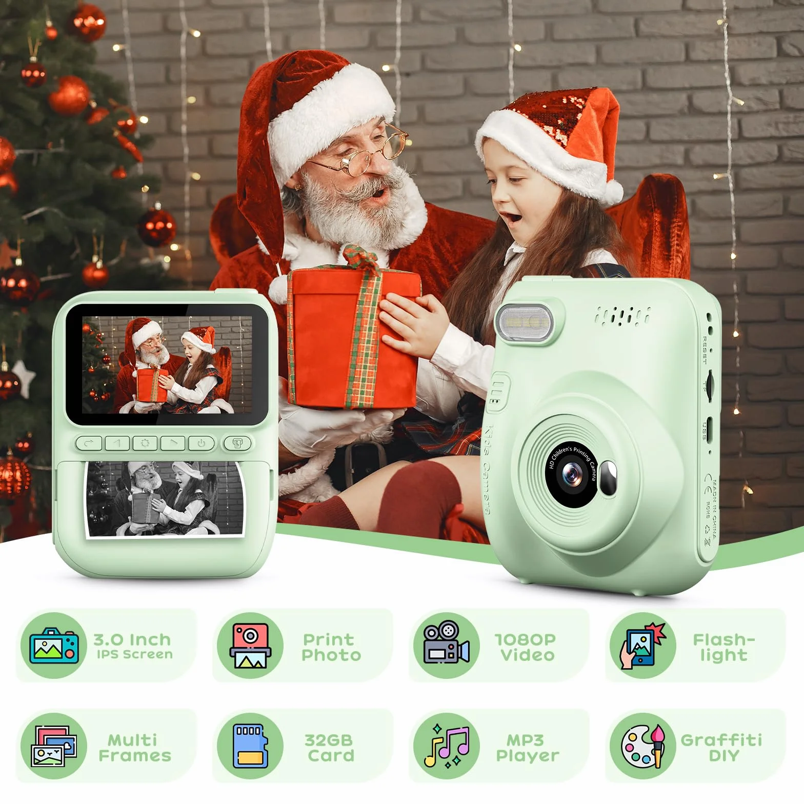 GREENKINDER Appareil Photo Instantané Enfant 3.0" Grand Écran 14 MP avec Carte 32 Go & Papier d'impression