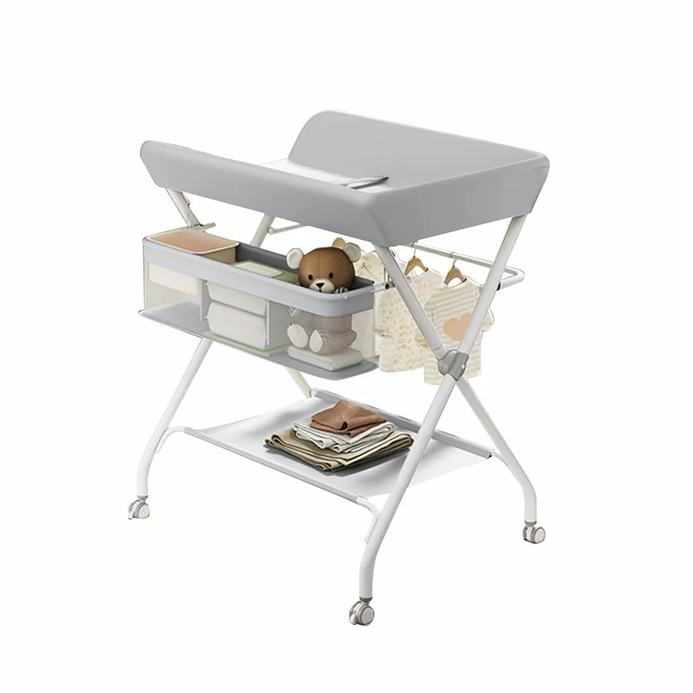 Table à Langer Bébé Pliable 60x80x103 cm Gris - Plan à Langer Portable avec Panier, Sécurité, Support 25 kg