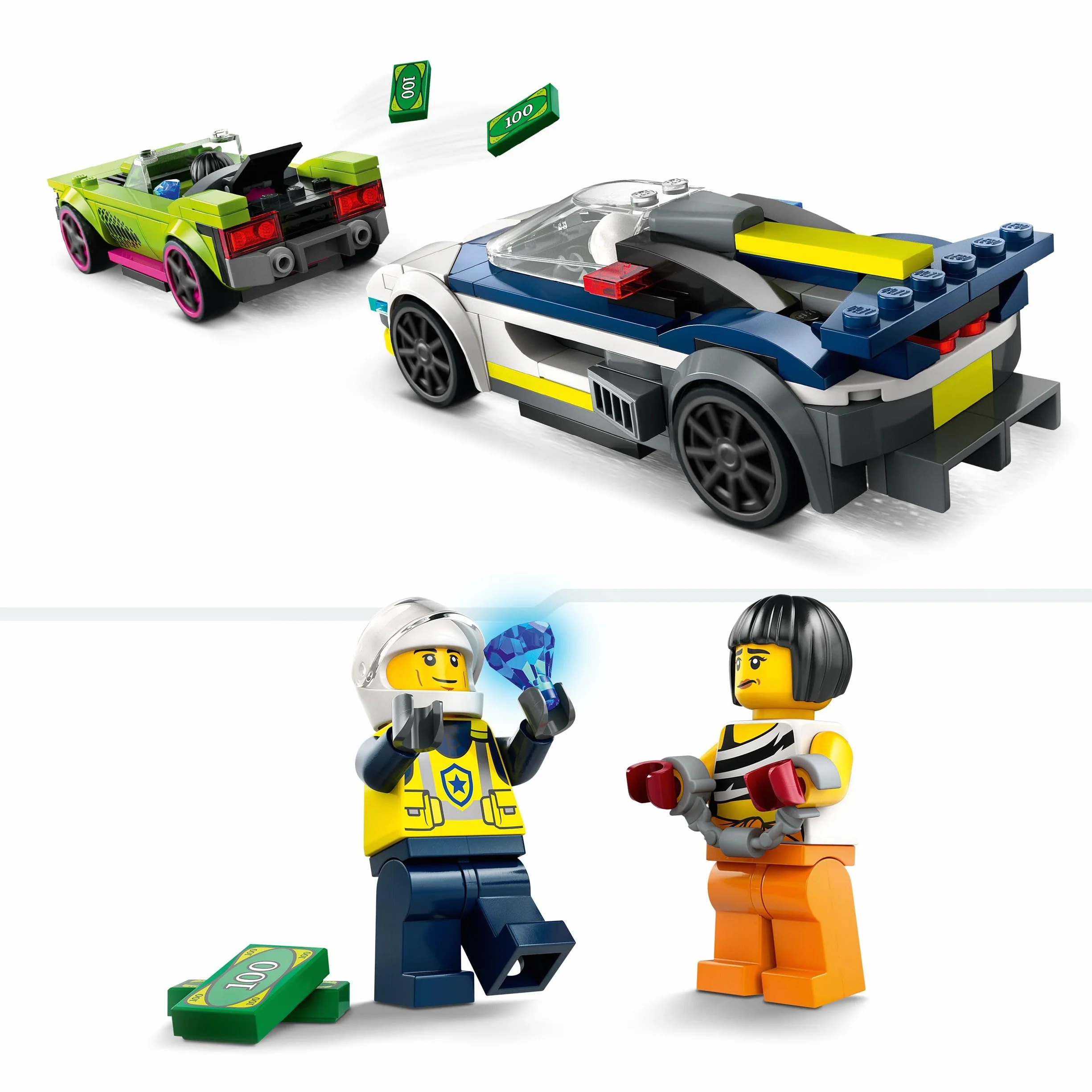 LEGO City La Course-Poursuite Entre la Voiture de Police et la Super Voiture, Jouet Imaginatif et de Rôles, Minifigurines d'Agent et Voleuse, Cadeau pour Garçons et Filles Dès 6 Ans 60415