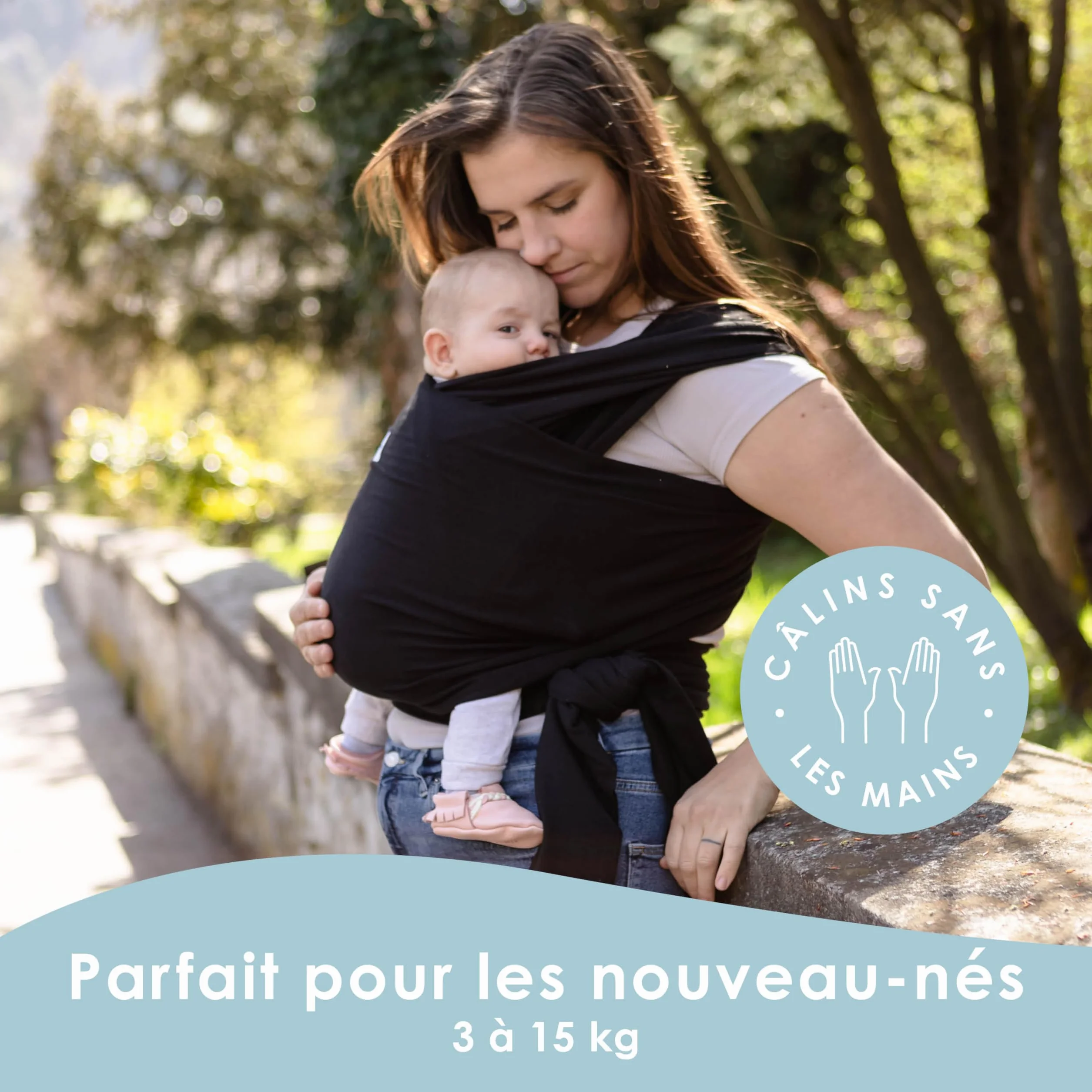 Écharpe de Portage Bébé Sleepy Wrap Noir 3-15 kg Mains Libres Élastique Ergonomique