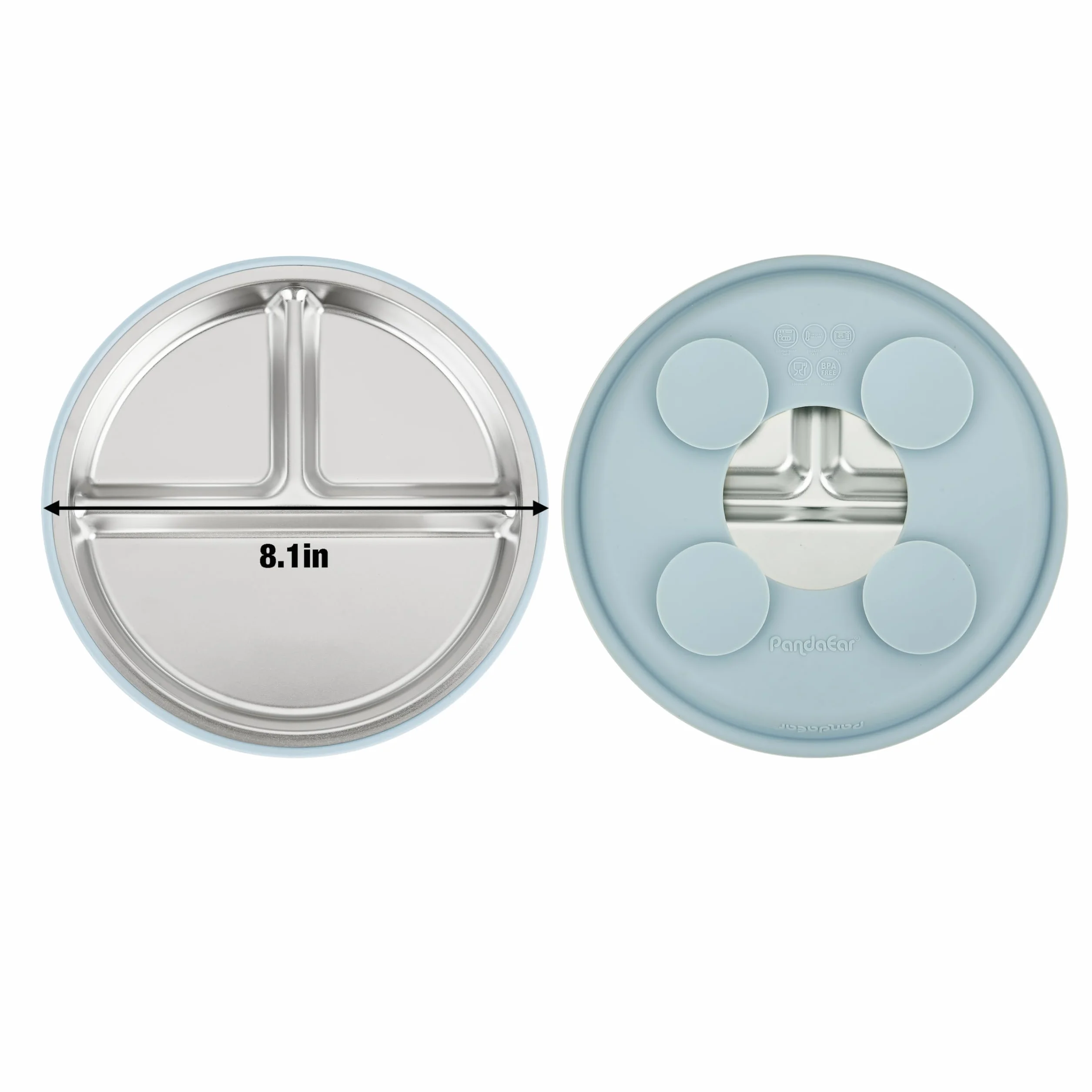PandaEar Assiettes en Acier Inoxydable avec Suction pour Bébé, Lot de 3, Assiette Divisée pour Enfants, Set de Repas Antidérapant (Bleu)