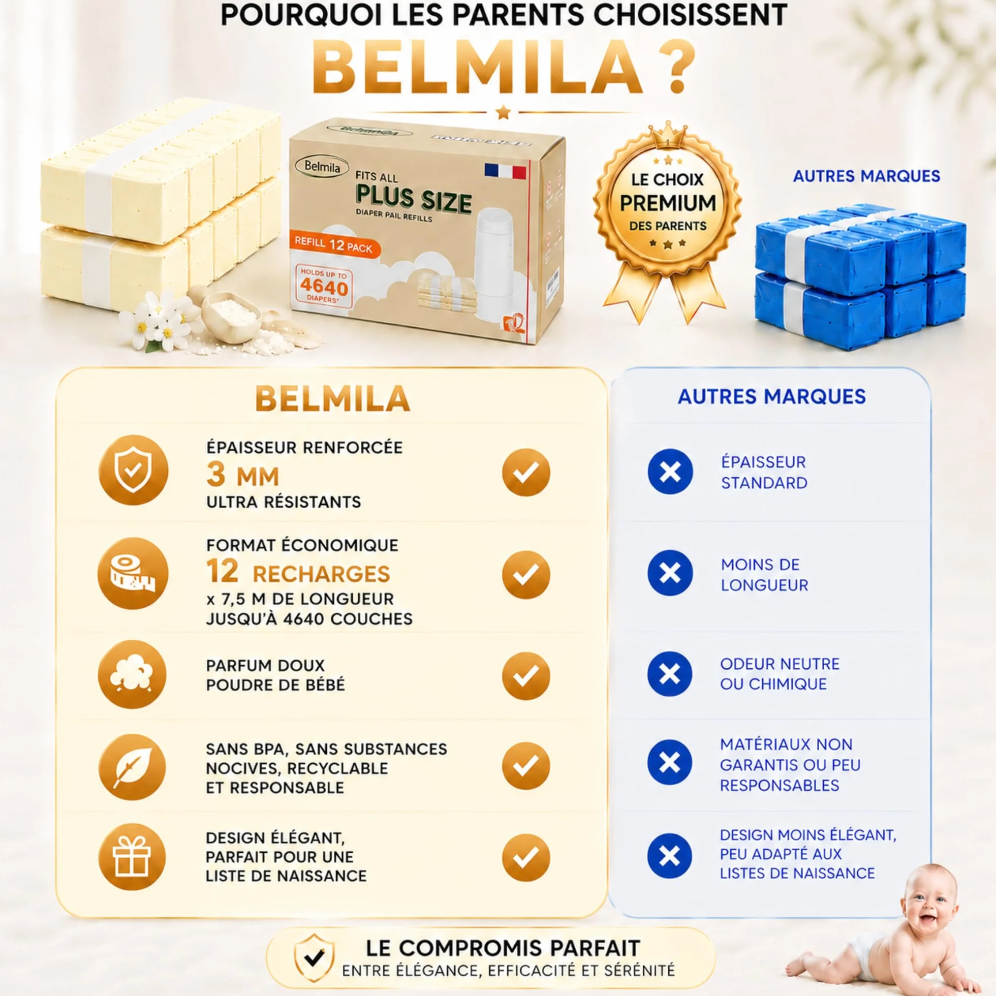 Recharges Poubelle à Couches XXL 12x7,5m Compatibles AngelCare Tommee Tippee Anti-Odeur Sans BPA Antibactérien Étanches