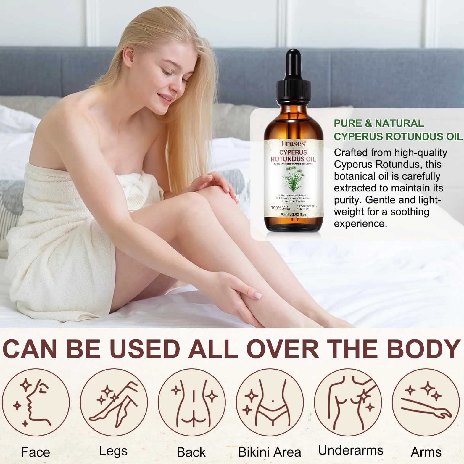 Huile Cyperus Rotundus Inhibitrice de Pilosité 60ml - Réduit la Repousse, Répare la Peau & Resserre les Pores - 100% Naturelle, Vegan