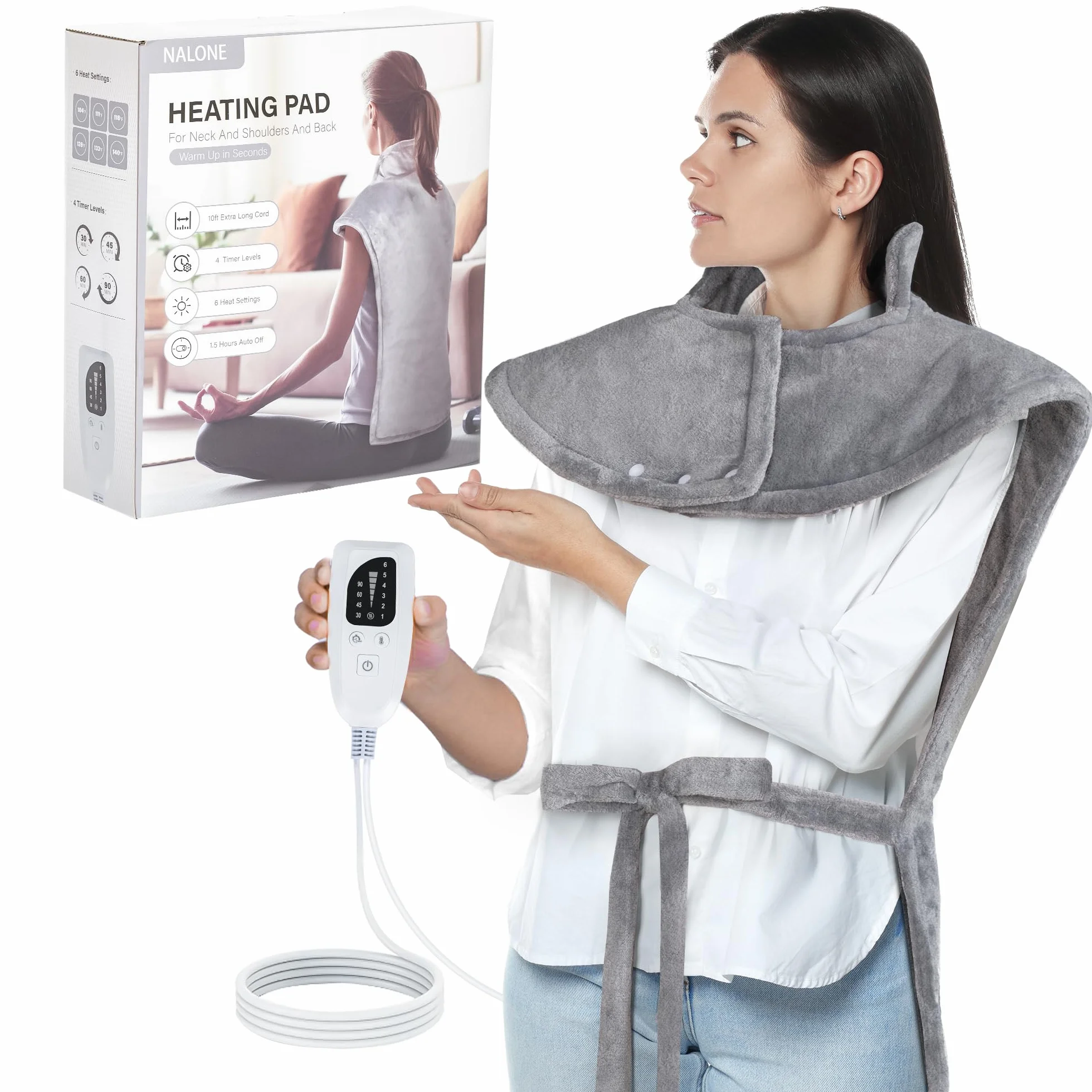 NALONE Coussin Chauffant dos Electrique 63×100cm 6 Niveaux de Chaleur Minuterie Automatique 4h Flanelle Lavable