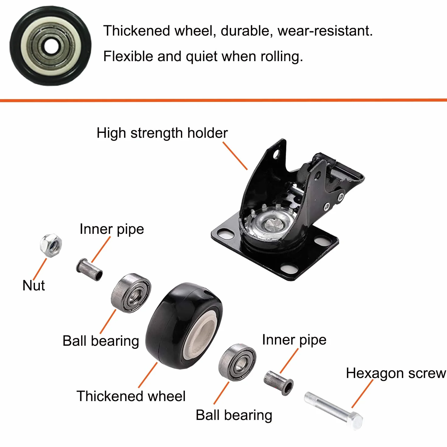 Roulettes Pivotantes avec Frein pour Meubles Charge Lourde 50mm 270KG Roue en Caoutchouc