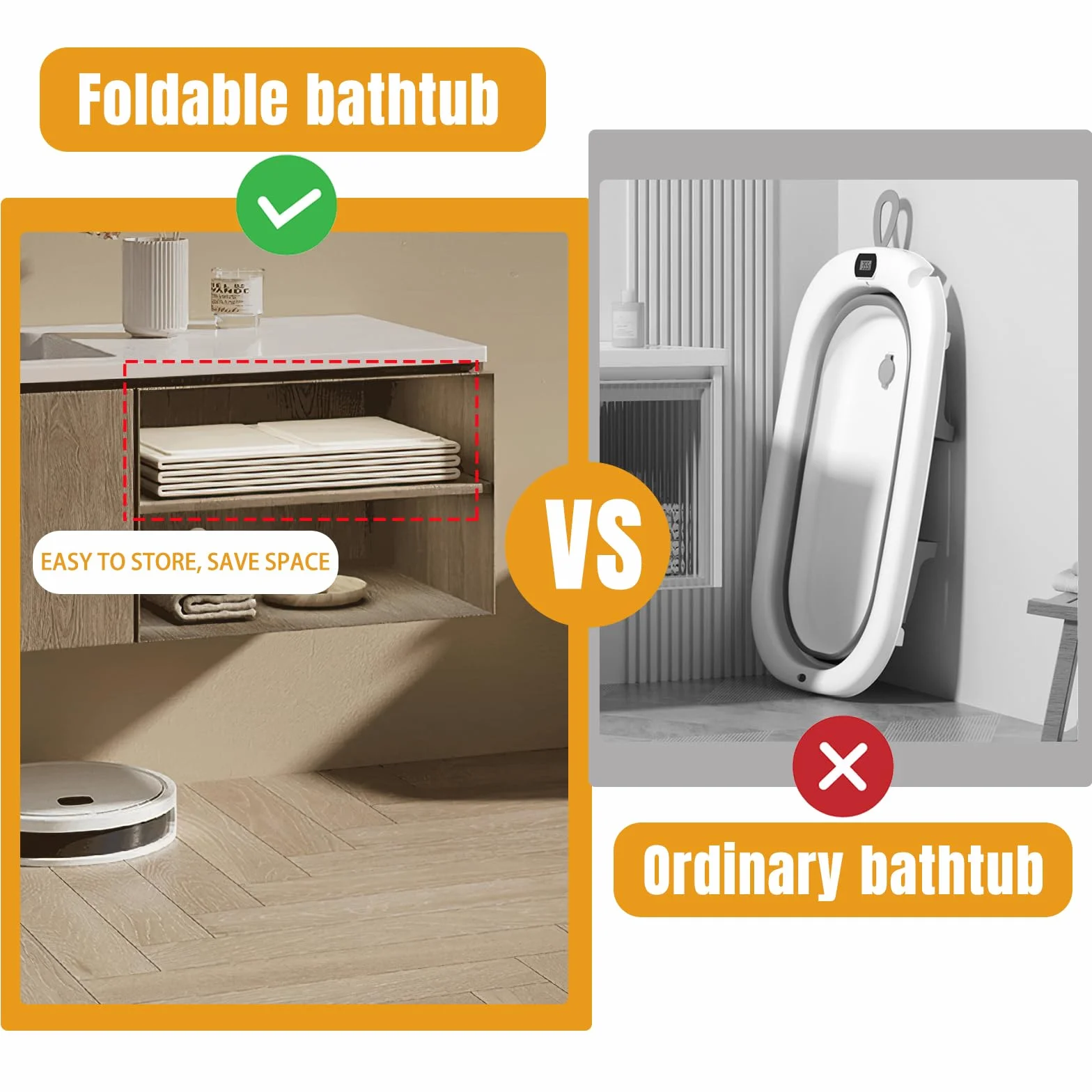Baignoire pliable bébé pour enfants 0-8 ans avec bouchon de vidange, Beige