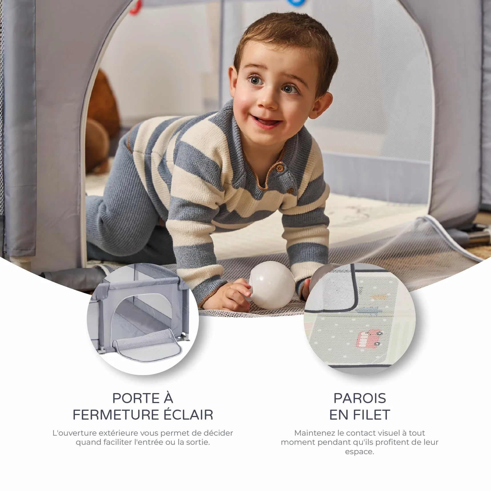 Parc pour enfant XXL en nylon 200 x 180 cm pliable avec chatières et fenêtre filet
