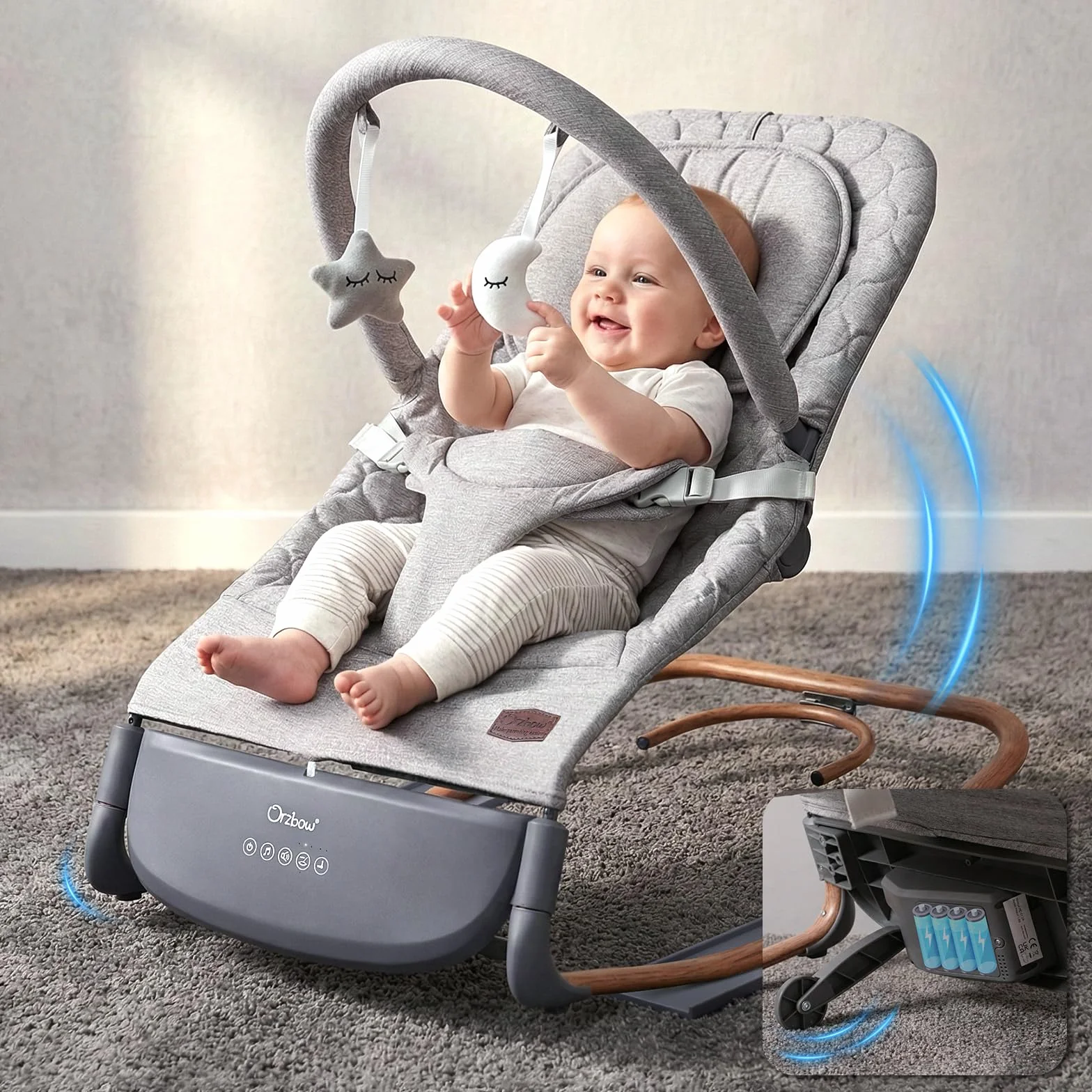 Balancelle Bebe Electrique Evolutif avec Capteur de Tapotement, 3 Vitesses, Panneau Tactile, 2 Modes Minuterie, 8 Berceuses, 0-12 Mois, 18 kg, Gris Perle