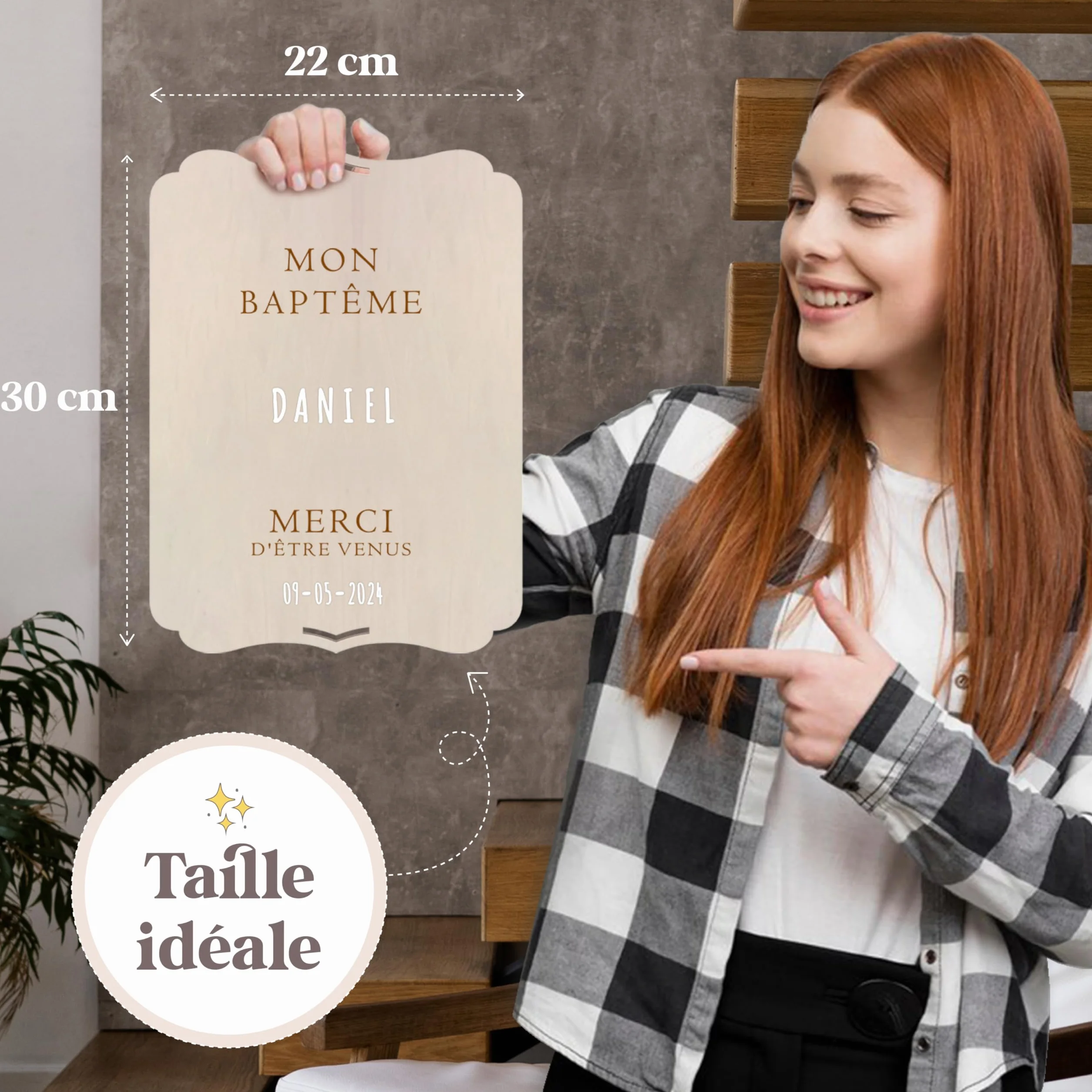 Panneau Personnalisé en Bois 30x22 cm Baptême Décoration avec Lettres Autocollantes et Support