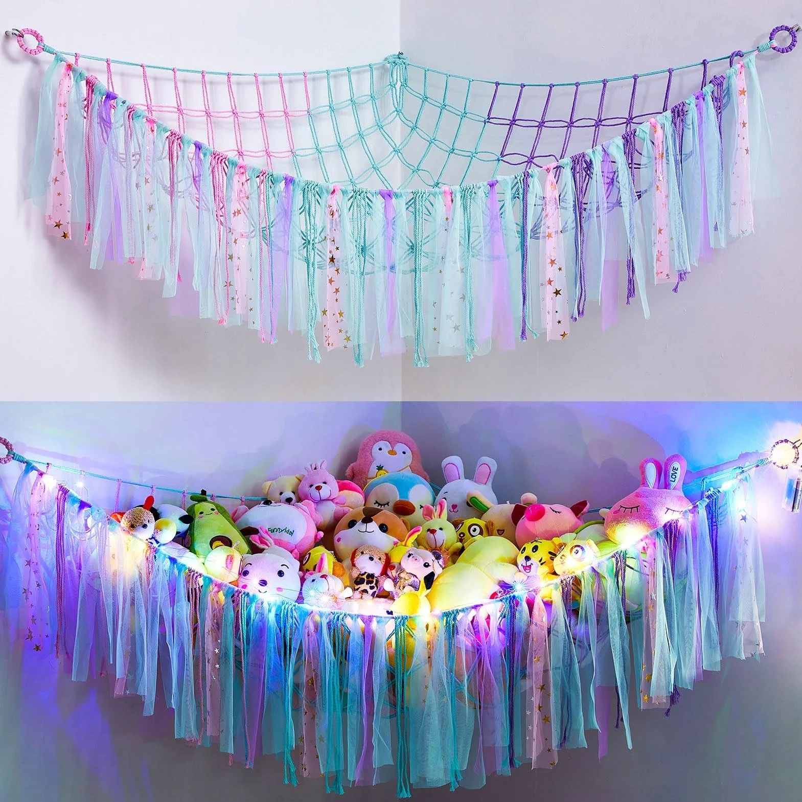 Hamac pour jouets en peluche - Filet de rangement suspendu avec lumière LED - Organiseur en macramé tissé à la main