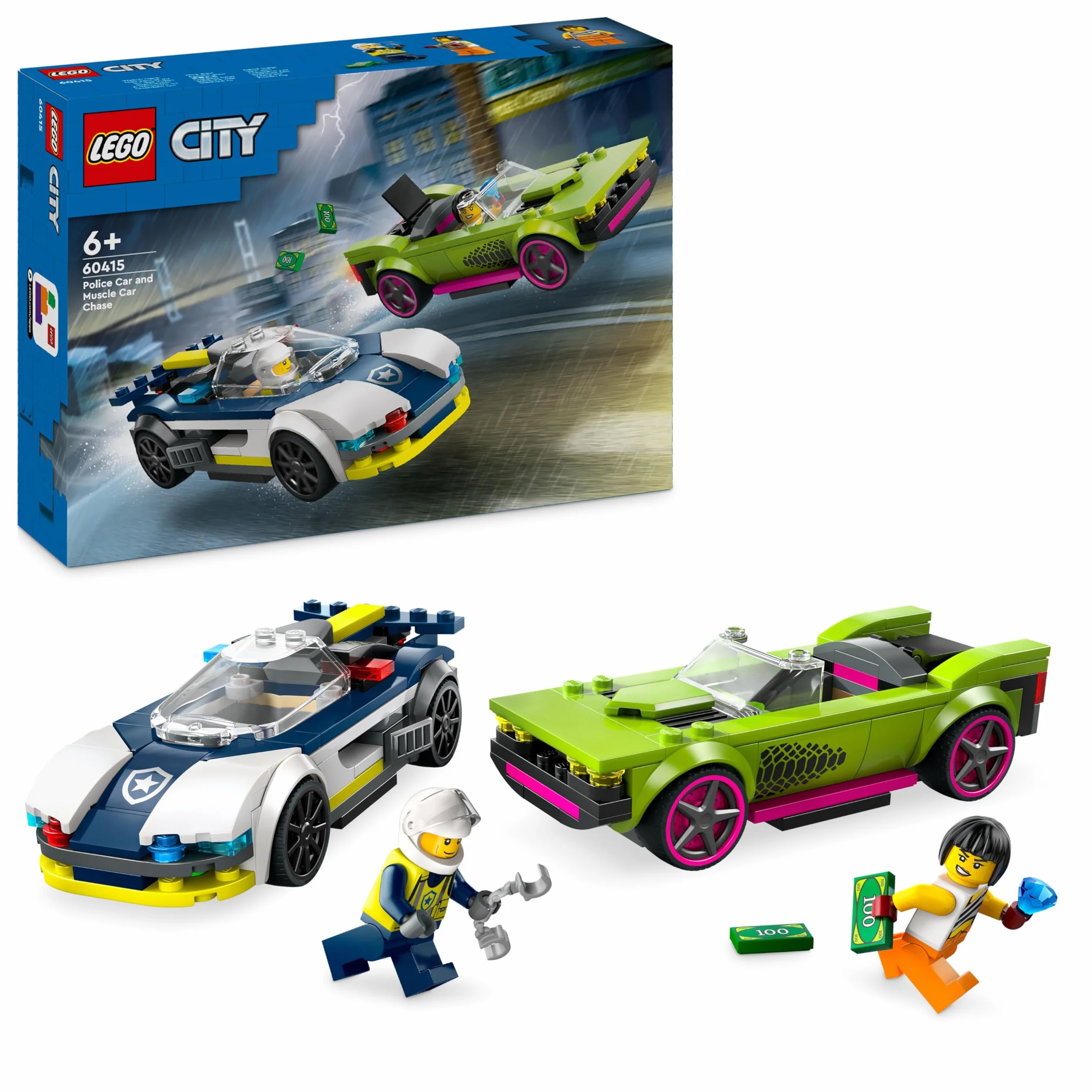 LEGO City La Course-Poursuite Entre la Voiture de Police et la Super Voiture, Jouet Imaginatif et de Rôles, Minifigurines d'Agent et Voleuse, Cadeau pour Garçons et Filles Dès 6 Ans 60415