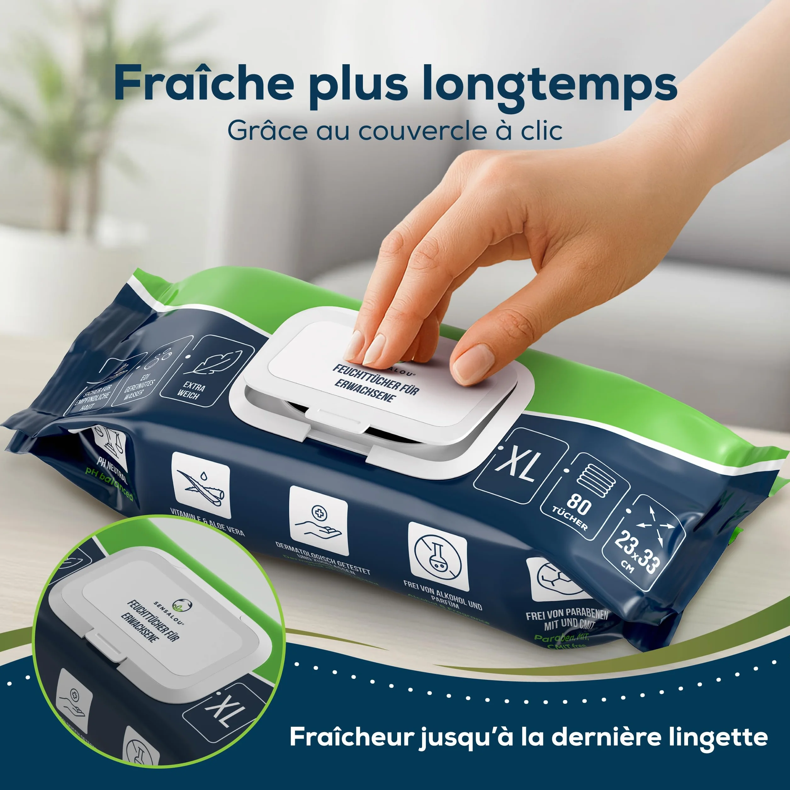 Sensalou Lingettes Humides XXL 23x33 cm – 80 Pièces, Sans Alcool, pour Peaux Sensibles