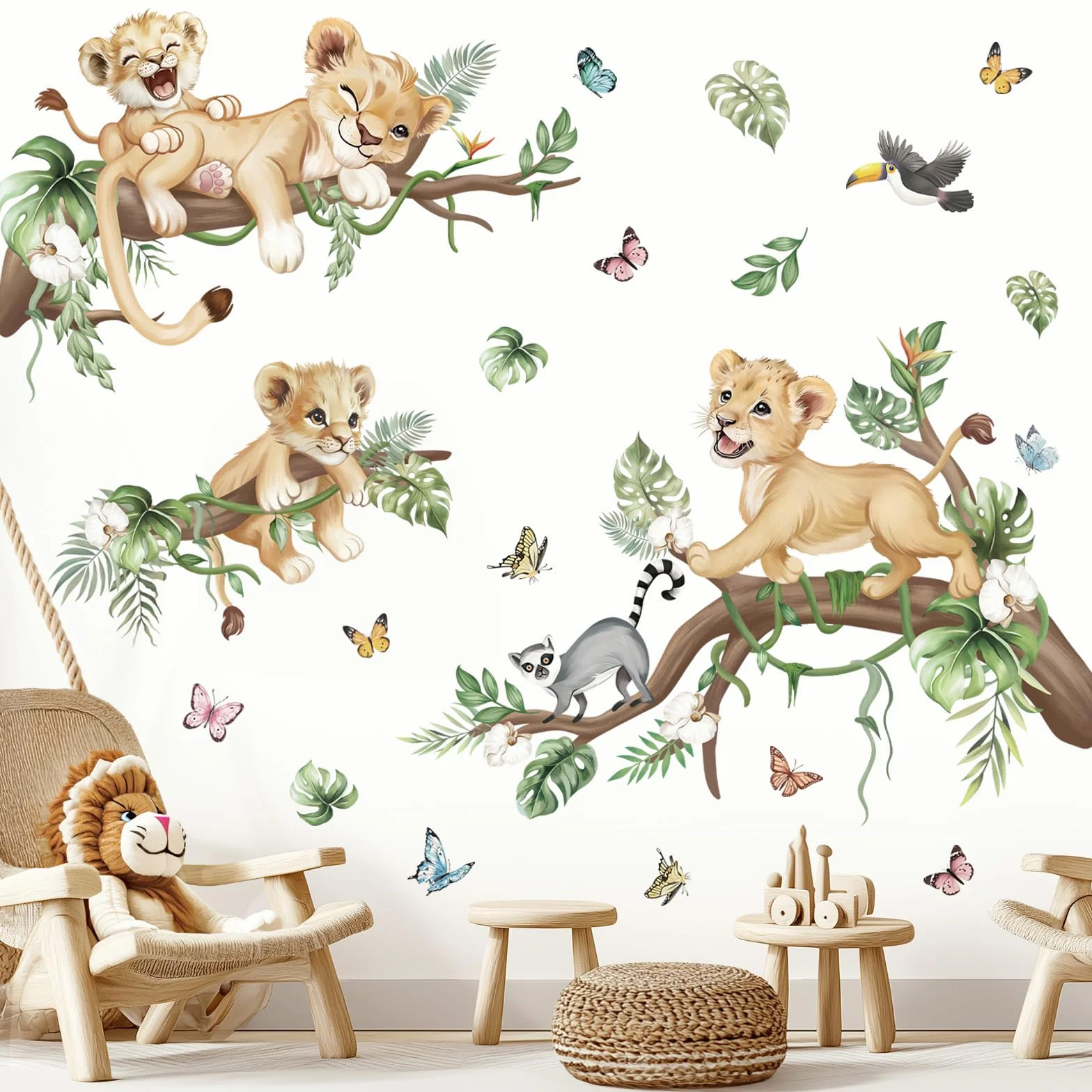 Wondever Autocollants Muraux Lion Animaux de la Jungle Safari Branche Arbre pour Chambre Enfants
