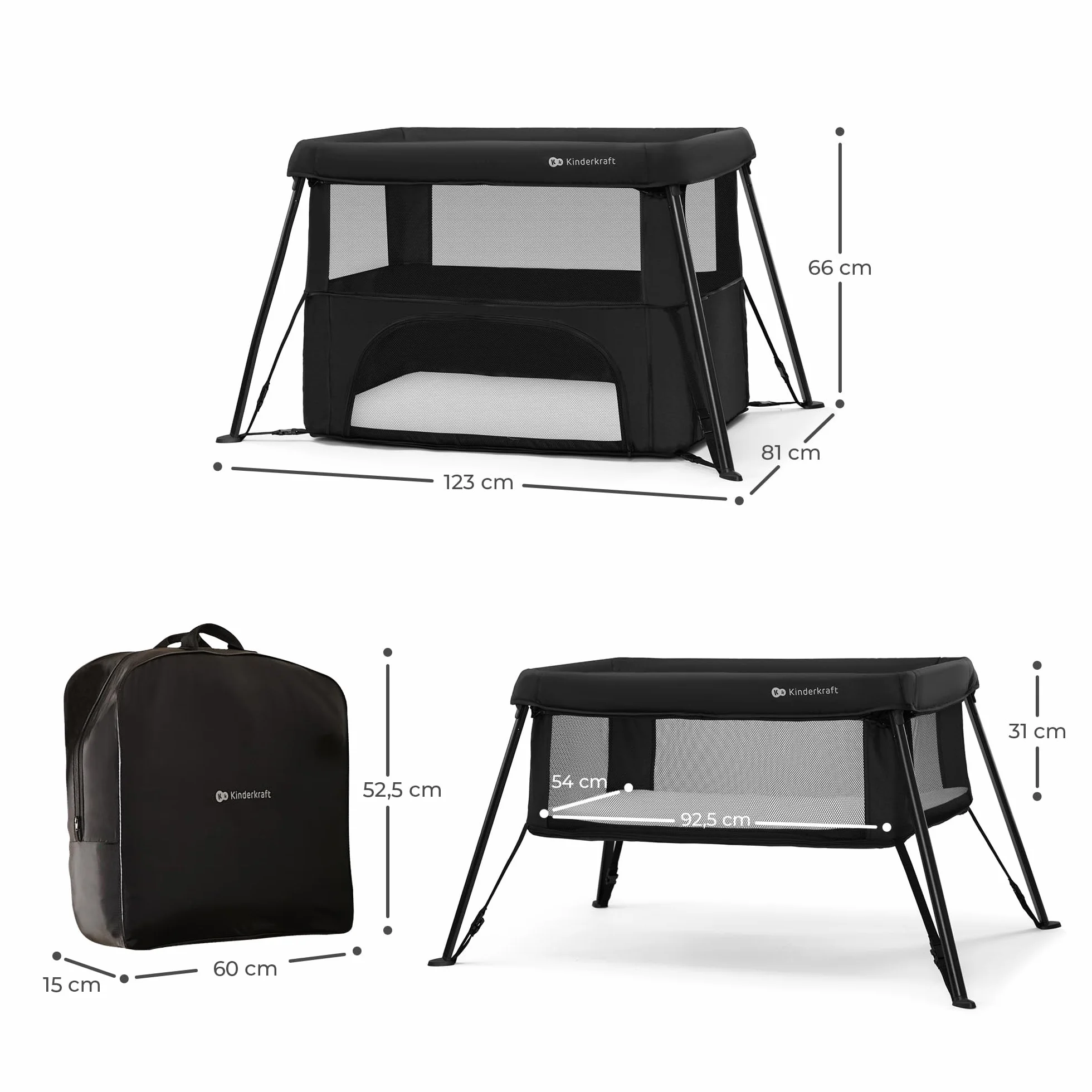 Kinderkraft Cami Lit Parapluie 3 en 1, Lit bébé avec Matelas, Noir