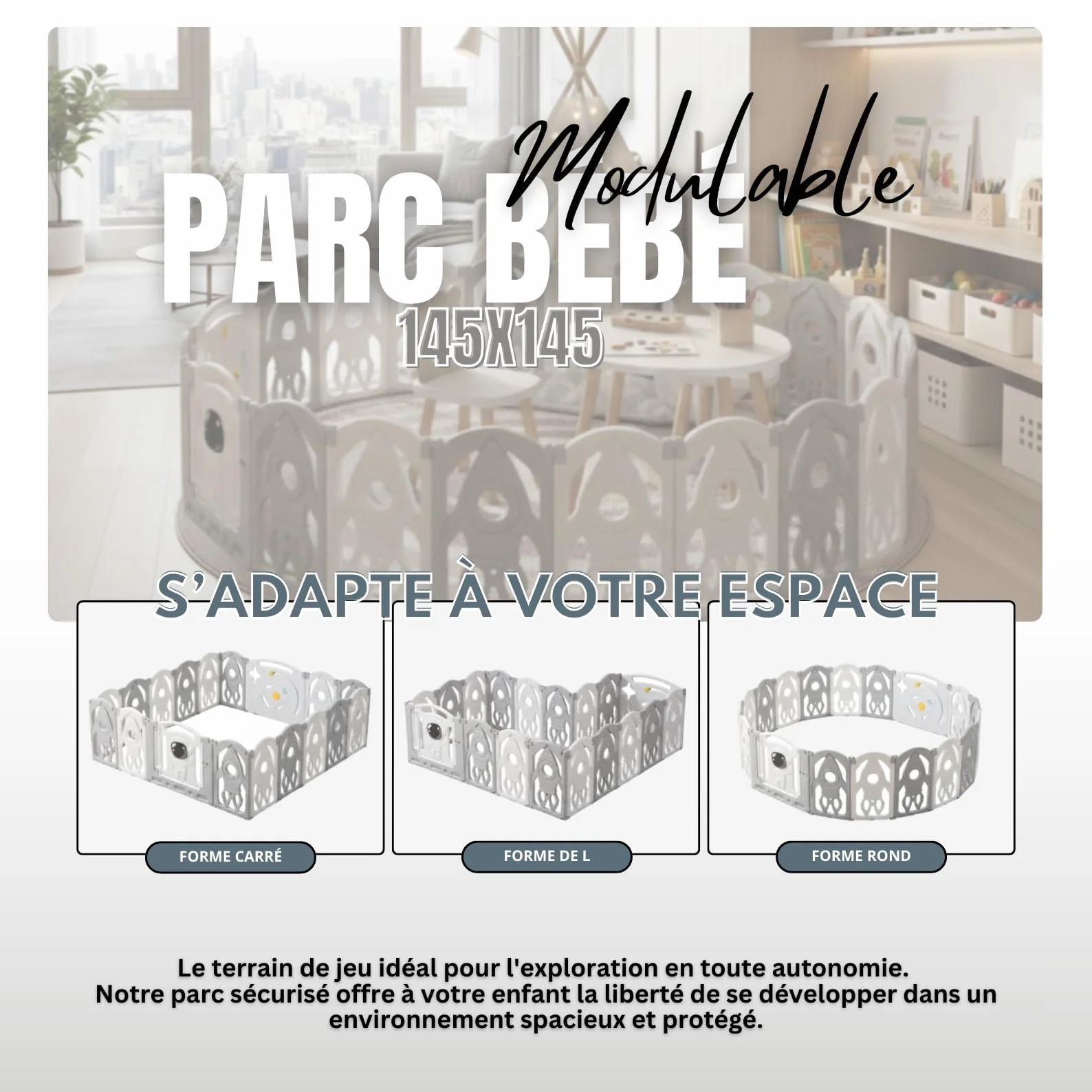 Parc Bébé Modulable 145x145 CM Gris et Blanc – Aire de Jeu Sécurisée pour Enfant