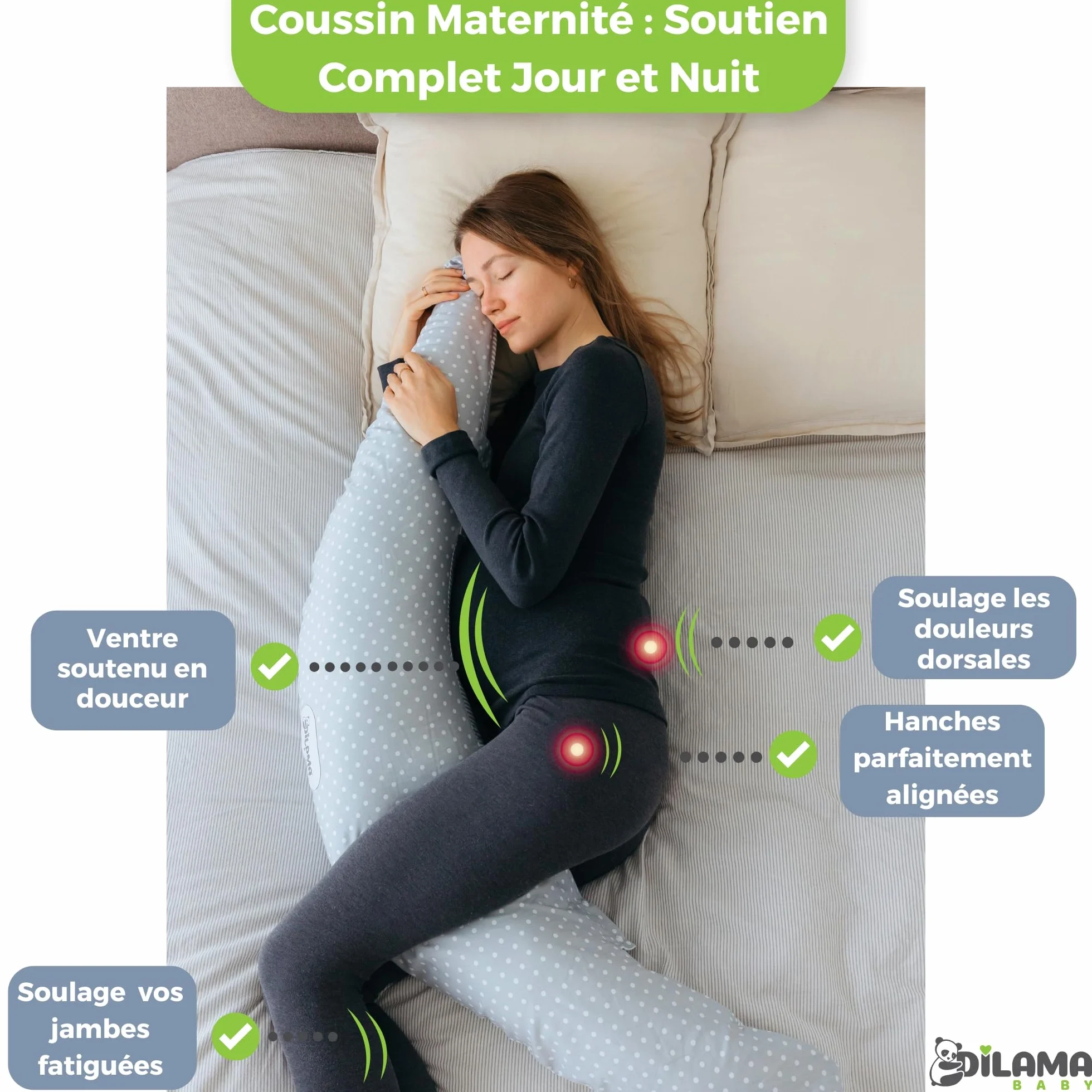 Dilamababy Coussin de Grossesse et d’Allaitement en Flocons de Mousse Mémoire et Boules de Fibre – Oreiller de Maternité Ergonomique – Housse Coton Amovible