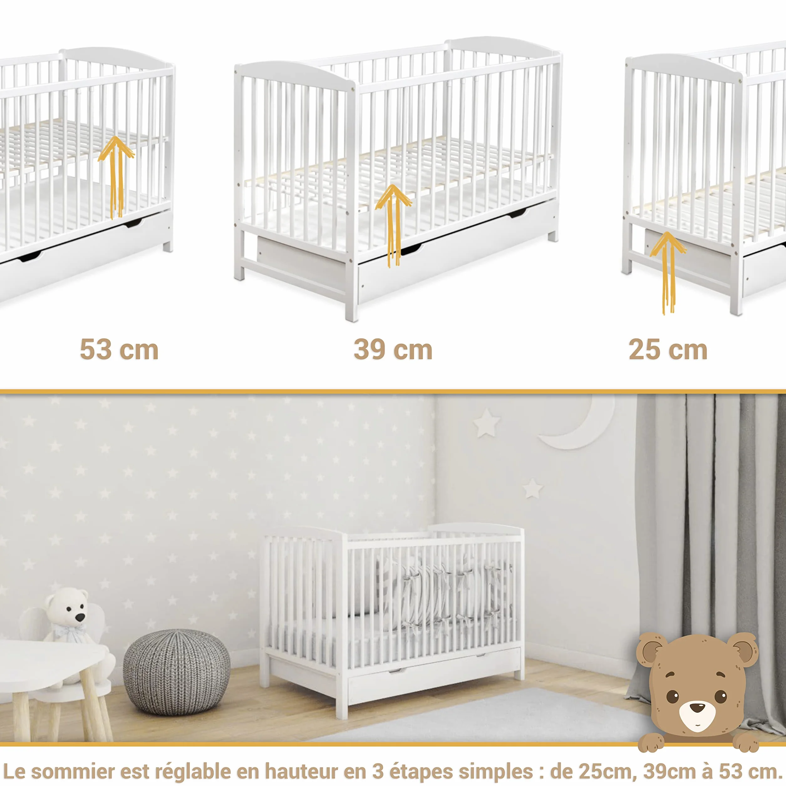 Lit Bébé 60x120 cm avec Tiroir – Lit en Bois Réglable en Hauteur, Transformable en Lit Enfant Blanc