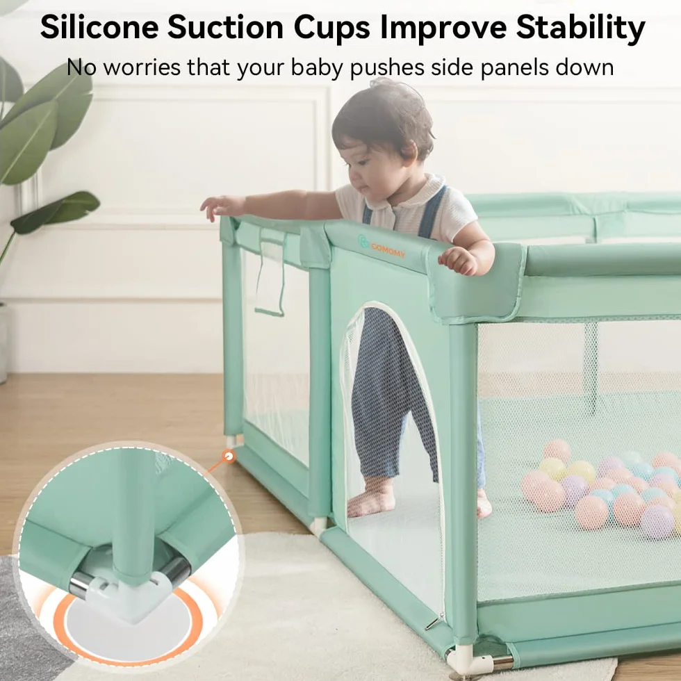 COMOMY Parc Bébé 200x180x66cm XXL avec 50 Boules, Mini Vannerie, 4 Anneaux de Traction, Filet Respirant Centre d'Activités Vert